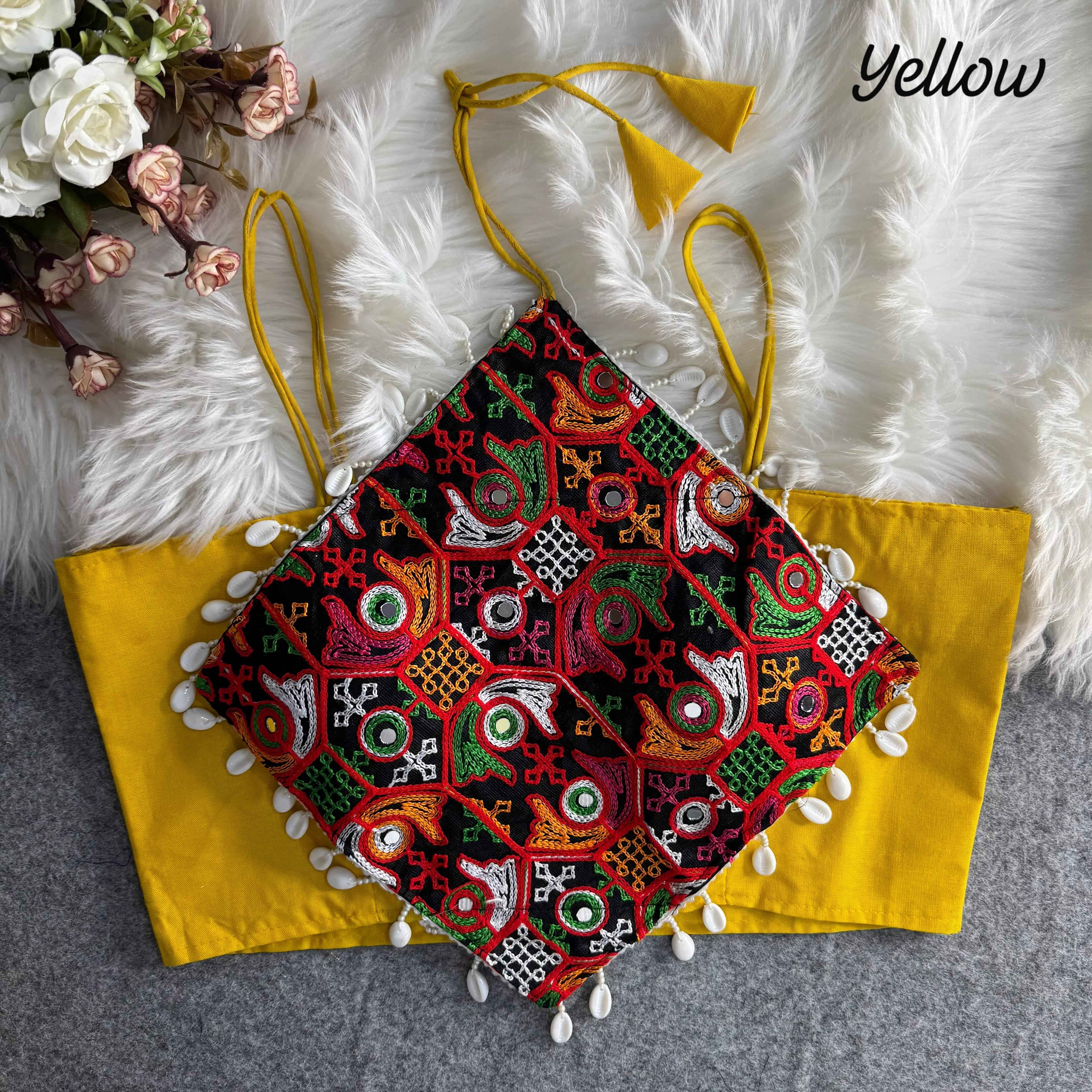 Yellow Pure Cotton Heavy Thread + Kaudi &amp; Hand Mirror Work Navratri Blouse