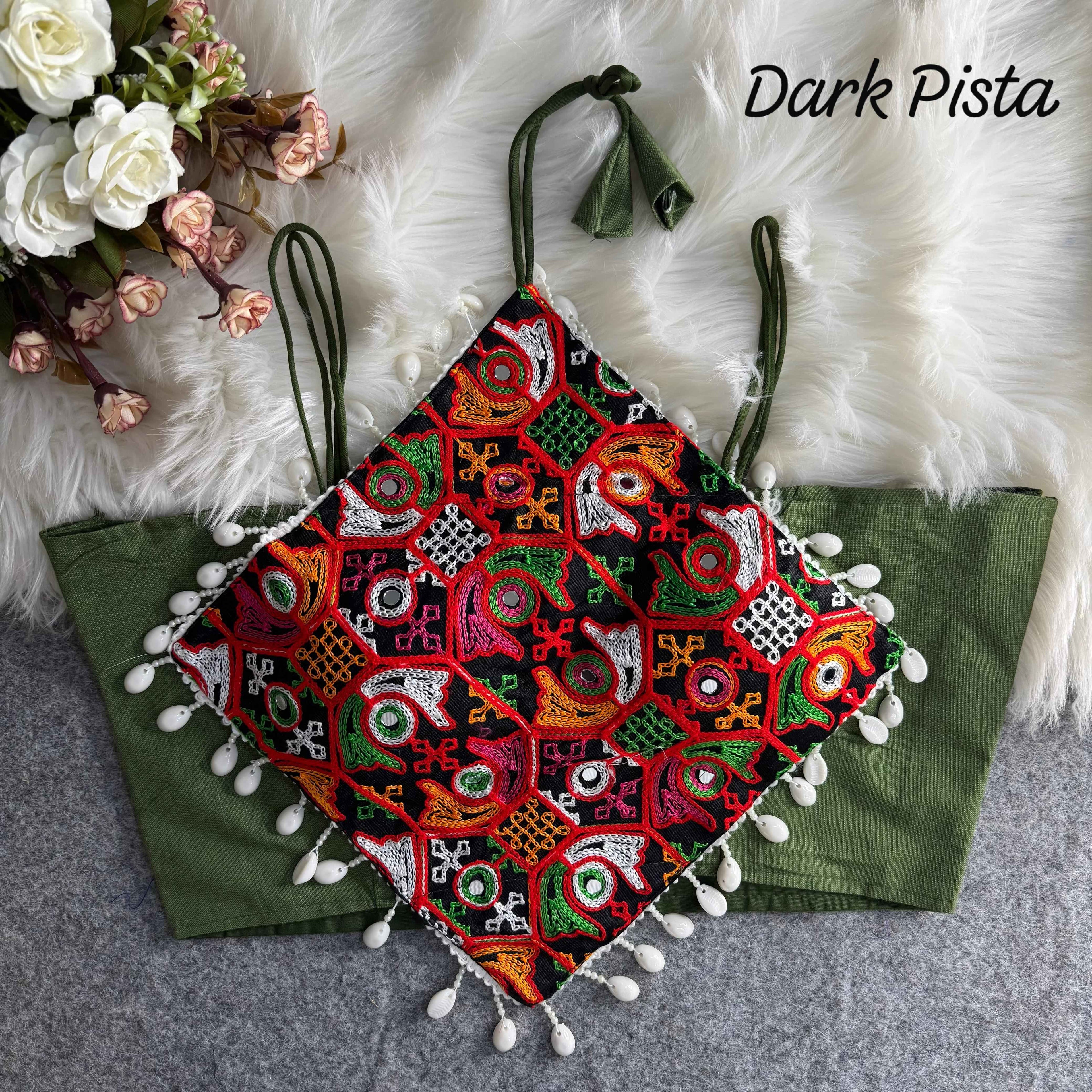 Pista Pure Cotton Heavy Thread + Kaudi &amp; Hand Mirror Work Navratri Blouse