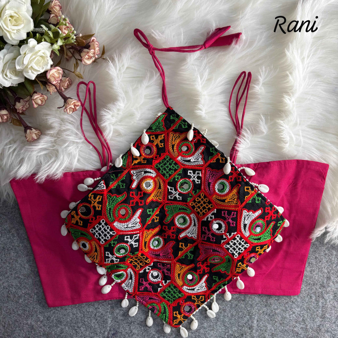 Rani Pure Cotton Heavy Thread + Kaudi &amp; Hand Mirror Work Navratri Blouse