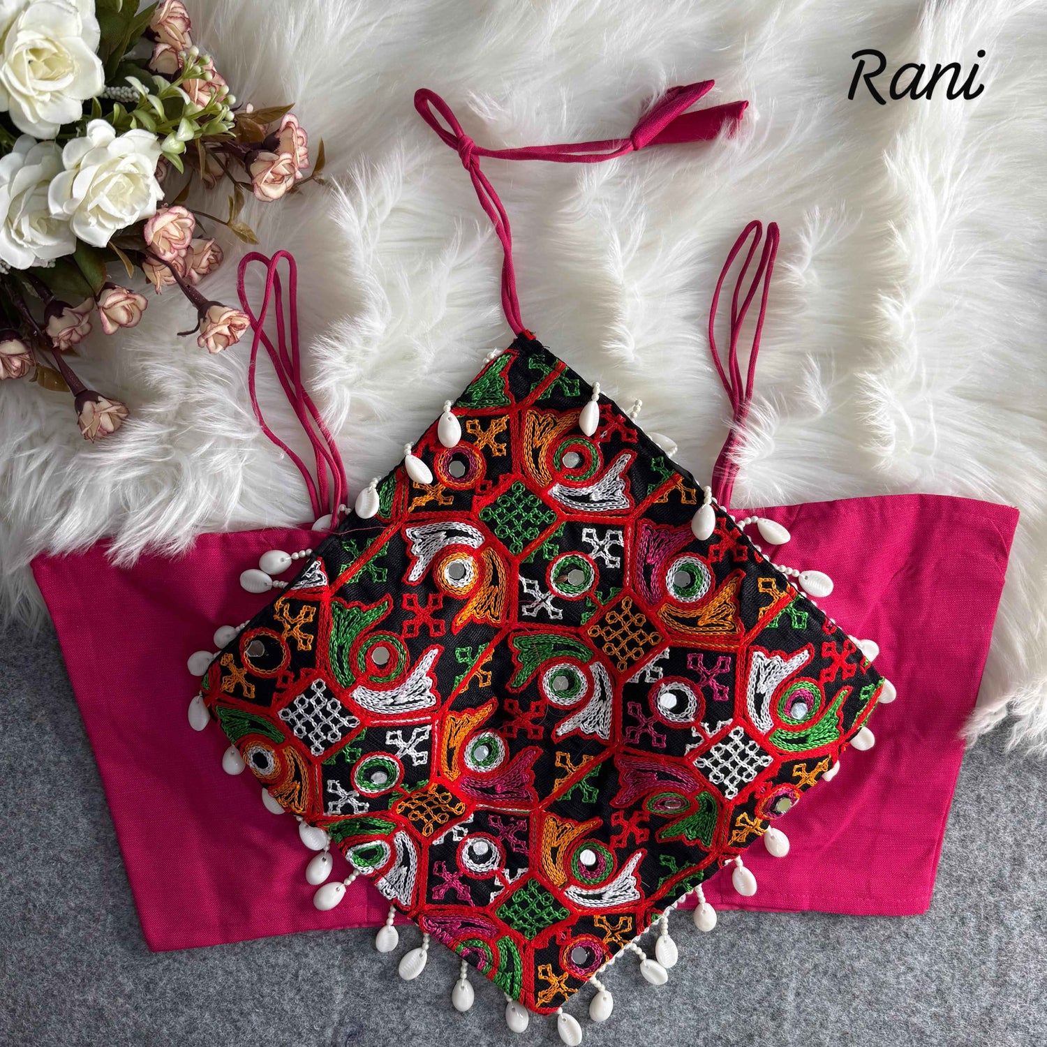 Rani Pure Cotton Heavy Thread + Kaudi &amp; Hand Mirror Work Navratri Blouse