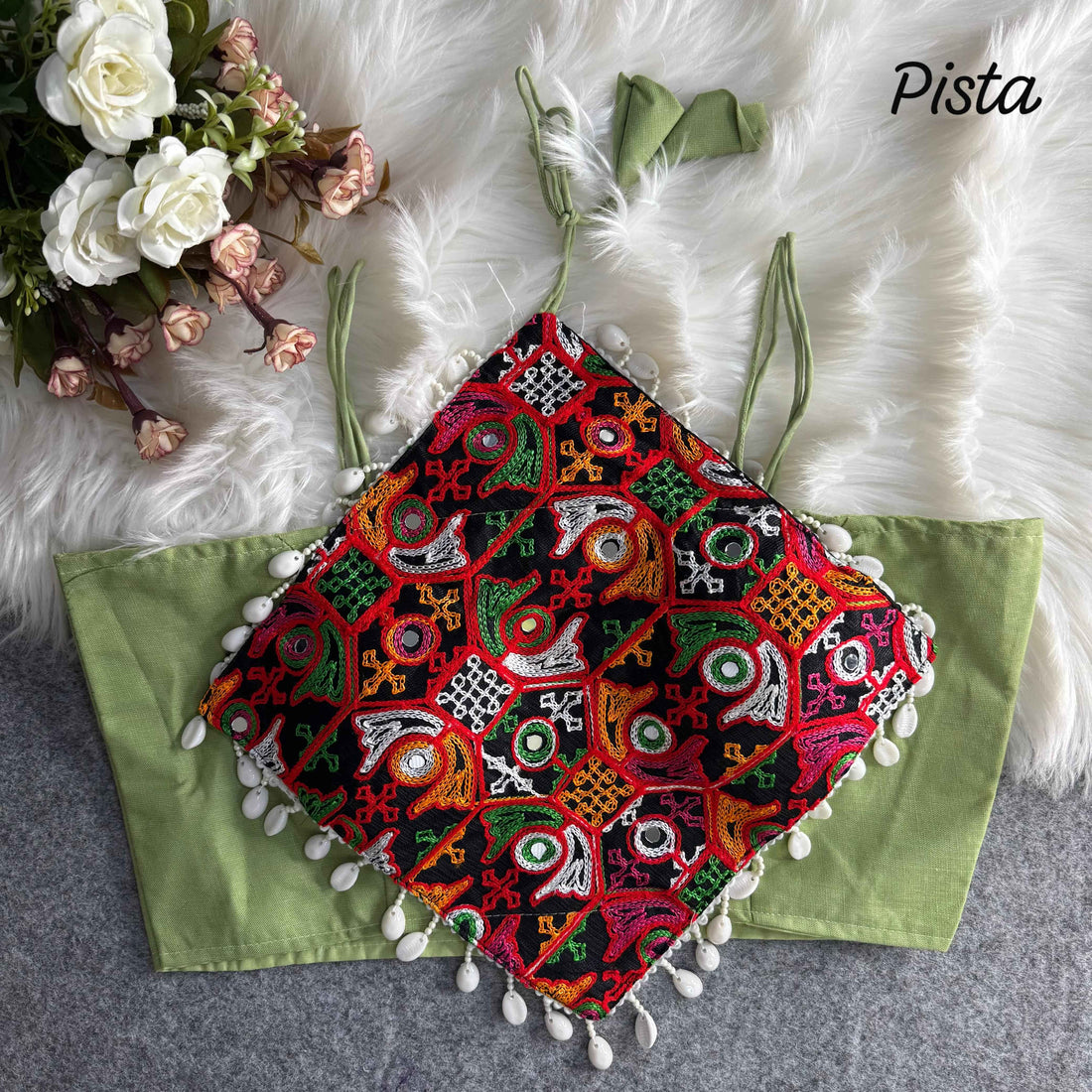 Pista Pure Cotton Heavy Thread + Kaudi &amp; Hand Mirror Work Navratri Blouse