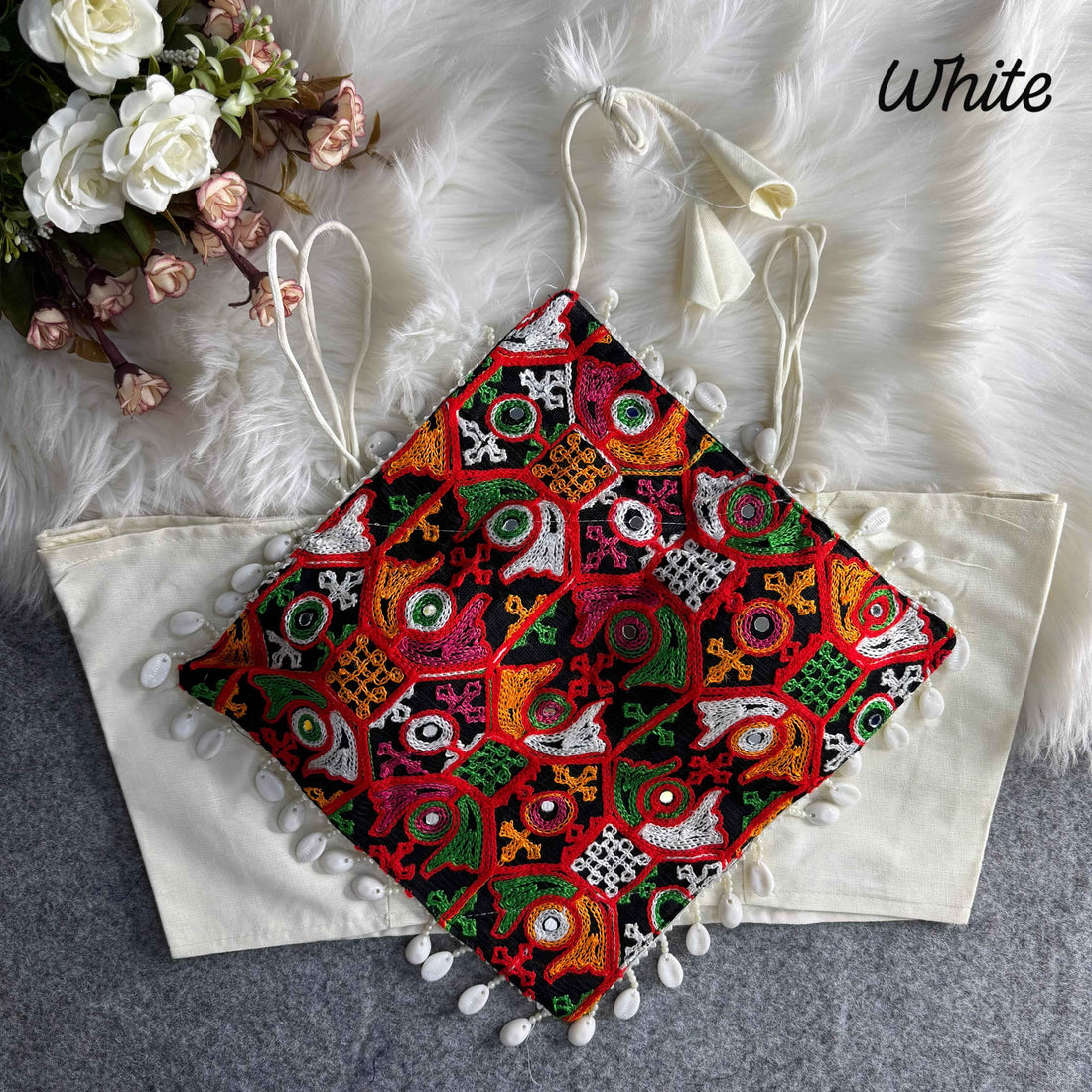 White Pure Cotton Heavy Thread + Kaudi &amp; Hand Mirror Work Navratri Blouse