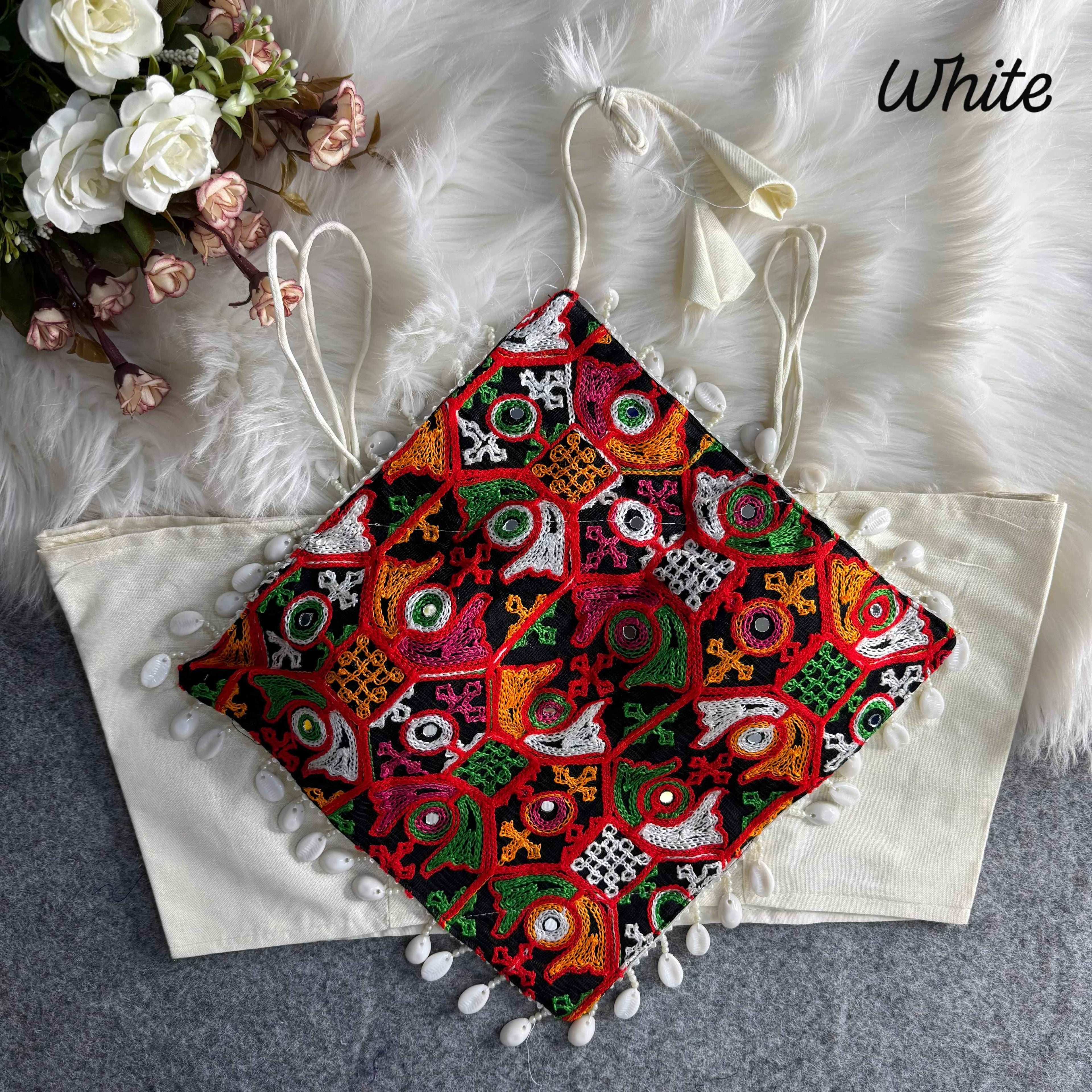 White Pure Cotton Heavy Thread + Kaudi &amp; Hand Mirror Work Navratri Blouse