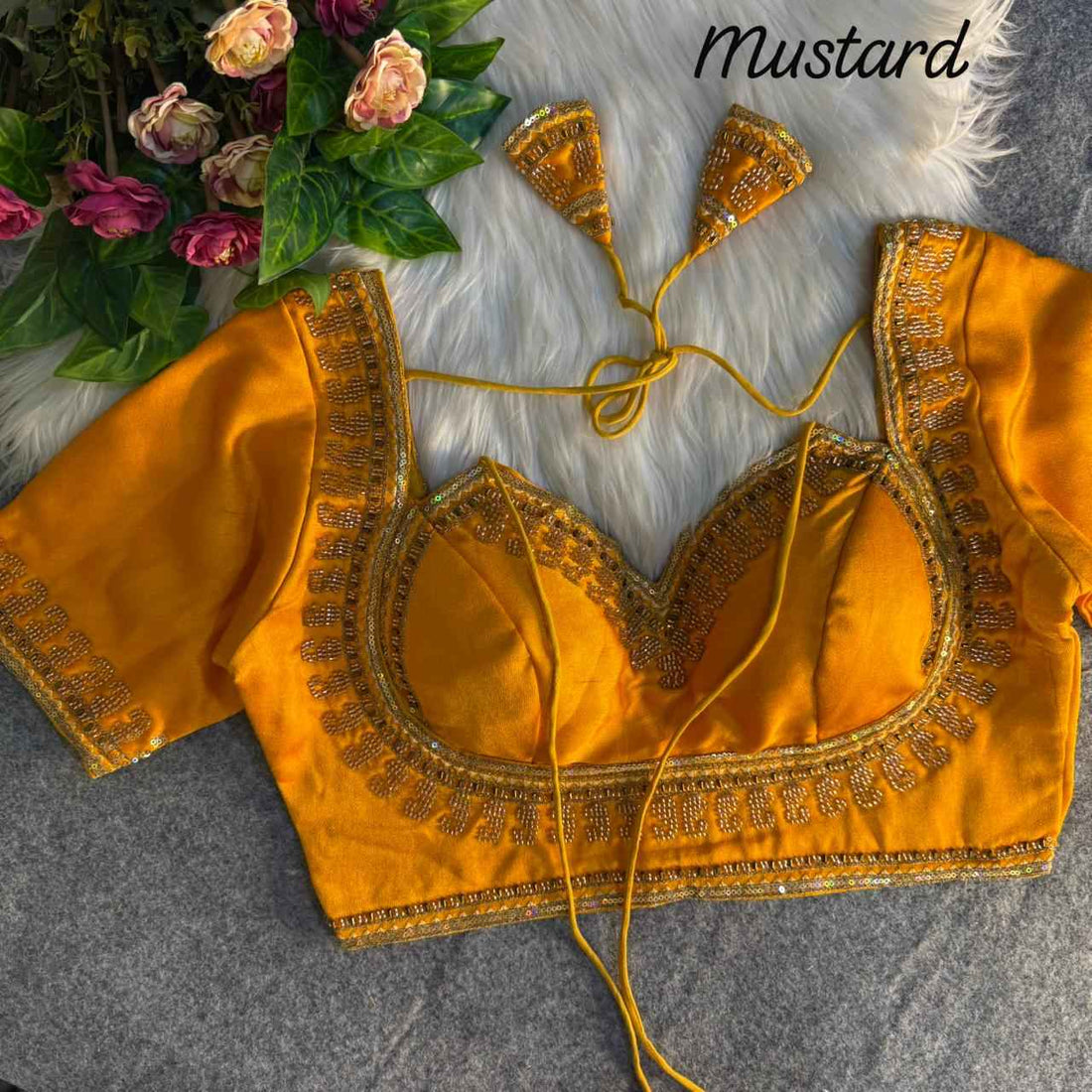 Mustard Pure Soft Italian Silk Heavy Jari Sequence &amp; Beads Thread Work Blouse