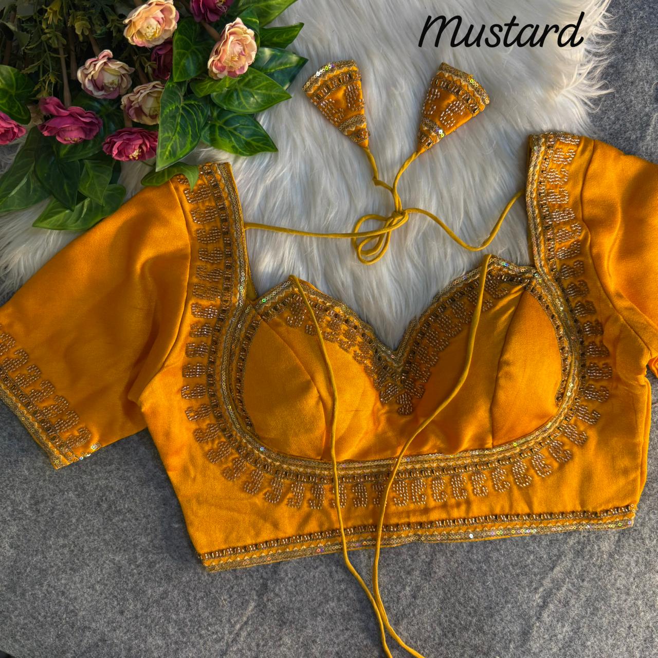 Mustard Pure Soft Italian Silk Heavy Jari Sequence &amp; Beads Thread Work Blouse