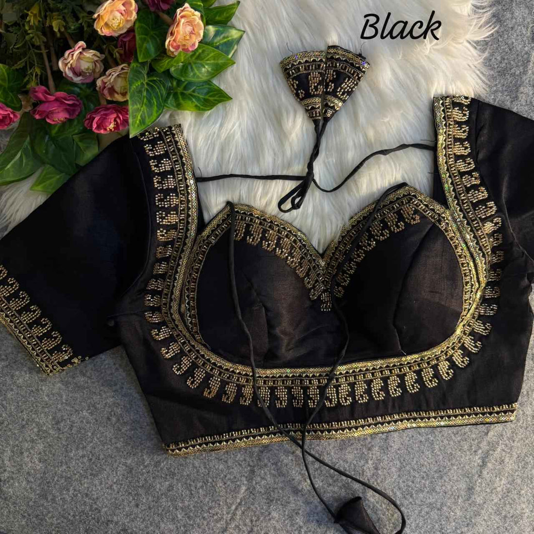 Black Pure Soft Italian Silk Heavy Jari Sequence &amp; Beads Thread Work Blouse