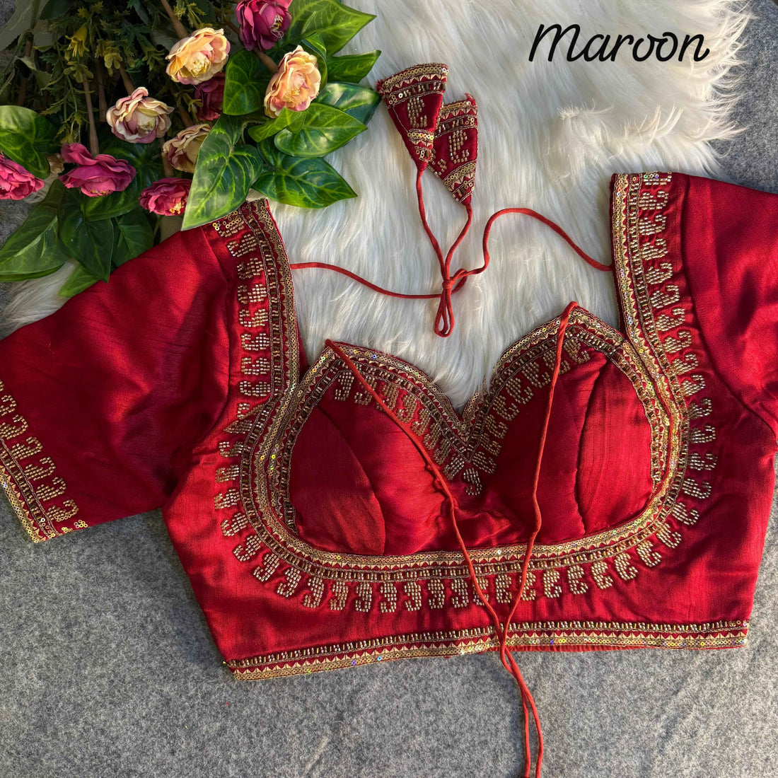 Maroon Pure Soft Italian Silk Heavy Jari Sequence &amp; Beads Thread Work Blouse