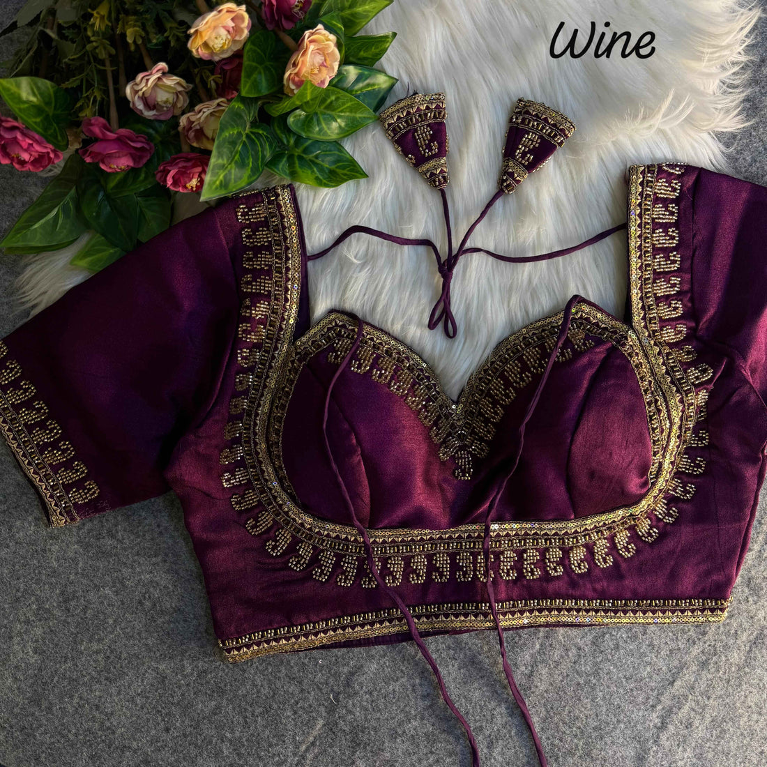 Wine Pure Soft Italian Silk Heavy Jari Sequence &amp; Beads Thread Work Blouse