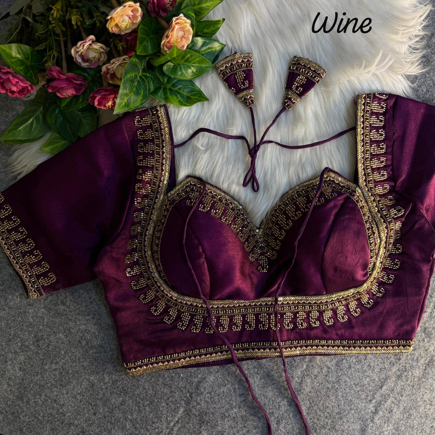 Wine Pure Soft Italian Silk Heavy Jari Sequence &amp; Beads Thread Work Blouse