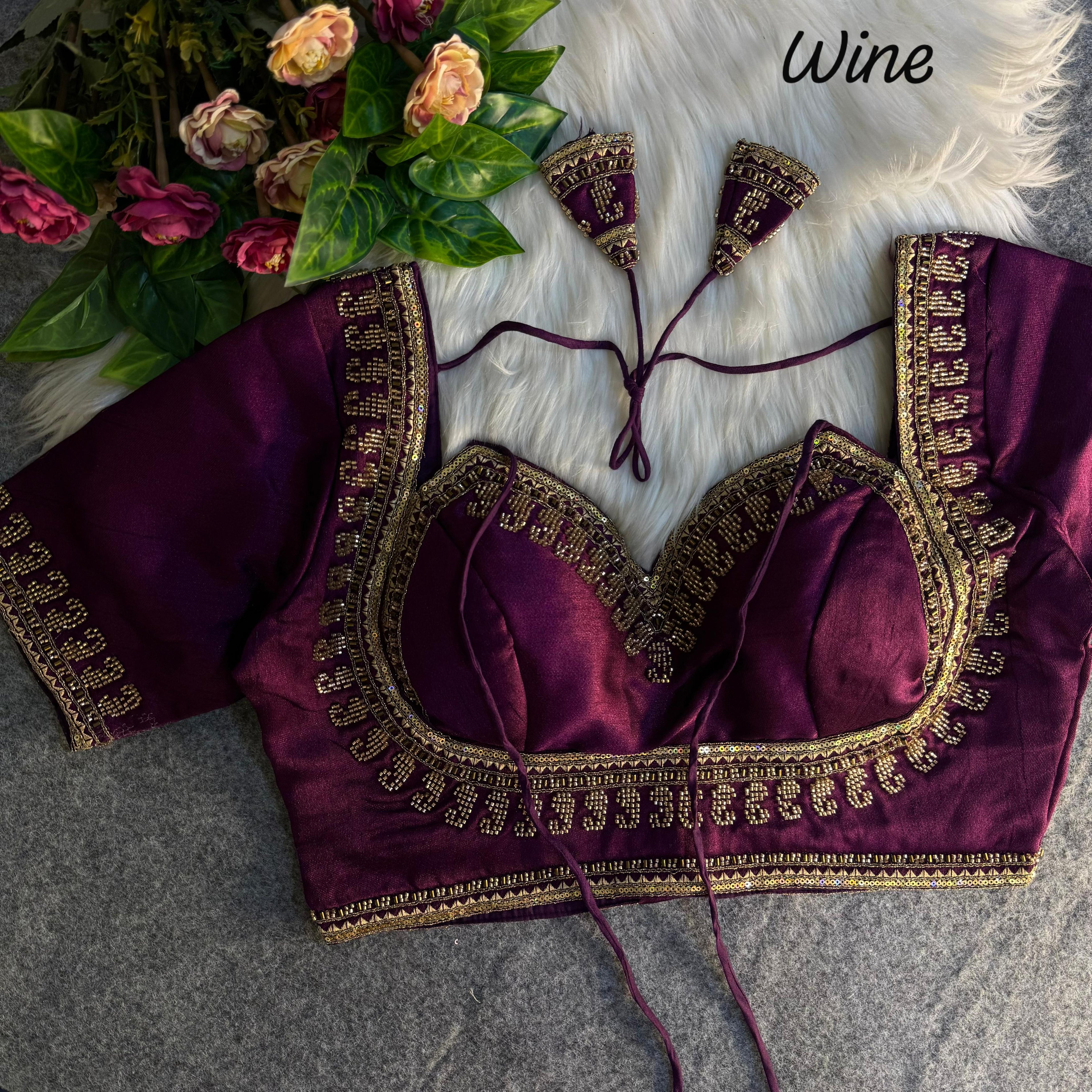 Wine Pure Soft Italian Silk Heavy Jari Sequence &amp; Beads Thread Work Blouse