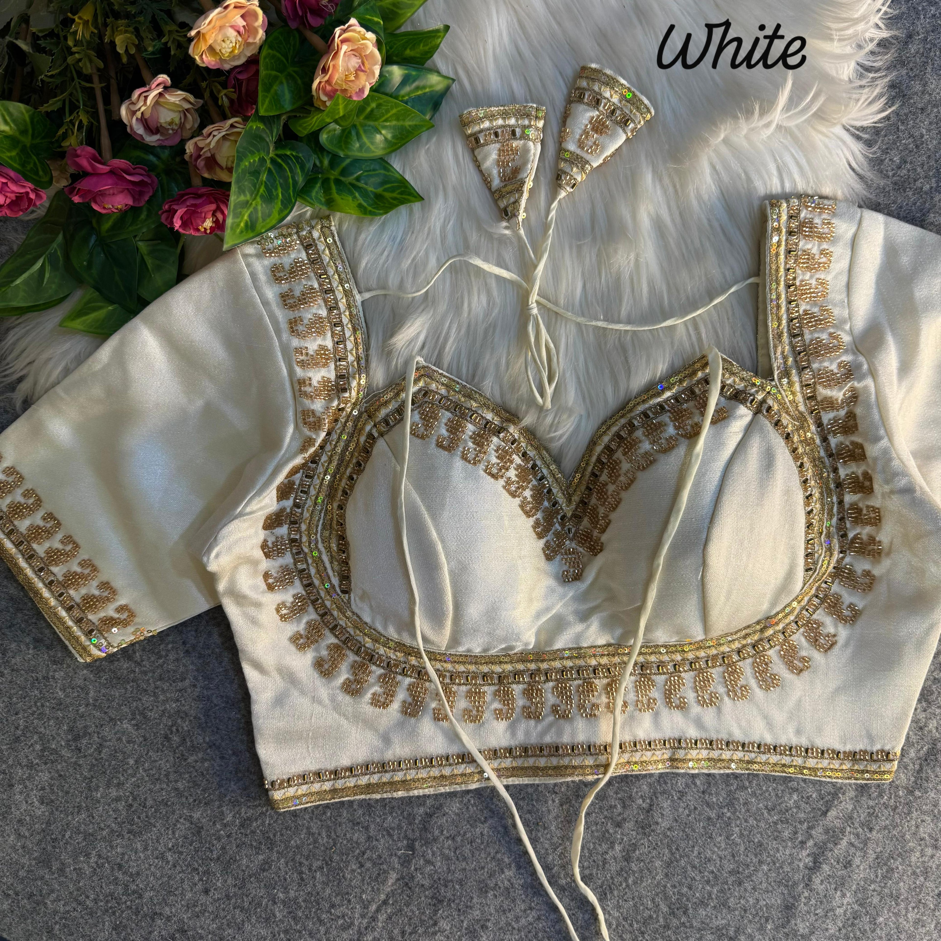 White Pure Soft Italian Silk Heavy Jari Sequence &amp; Beads Thread Work Blouse