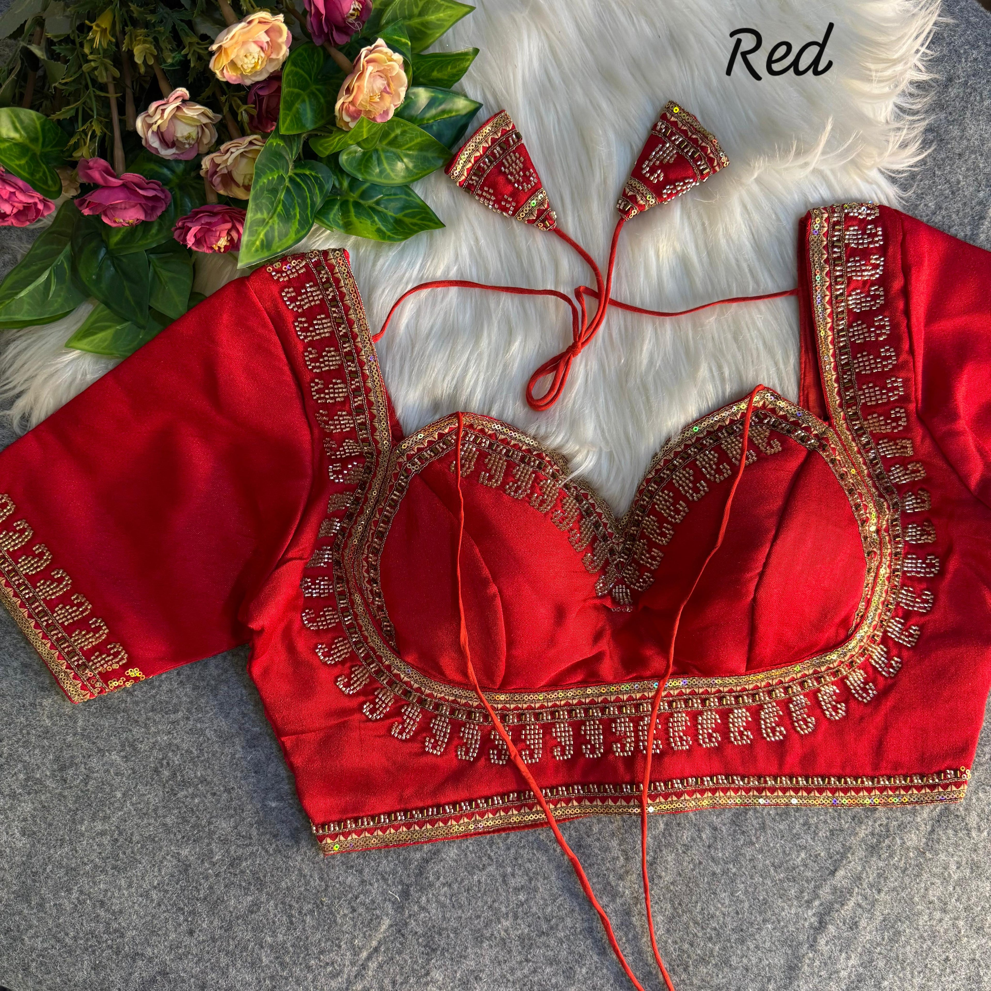 Red Pure Soft Italian Silk Heavy Jari Sequence &amp; Beads Thread Work Blouse