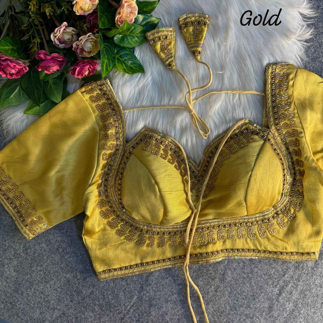 Gold Pure Soft Italian Silk Heavy Jari Sequence &amp; Beads Thread Work Blouse