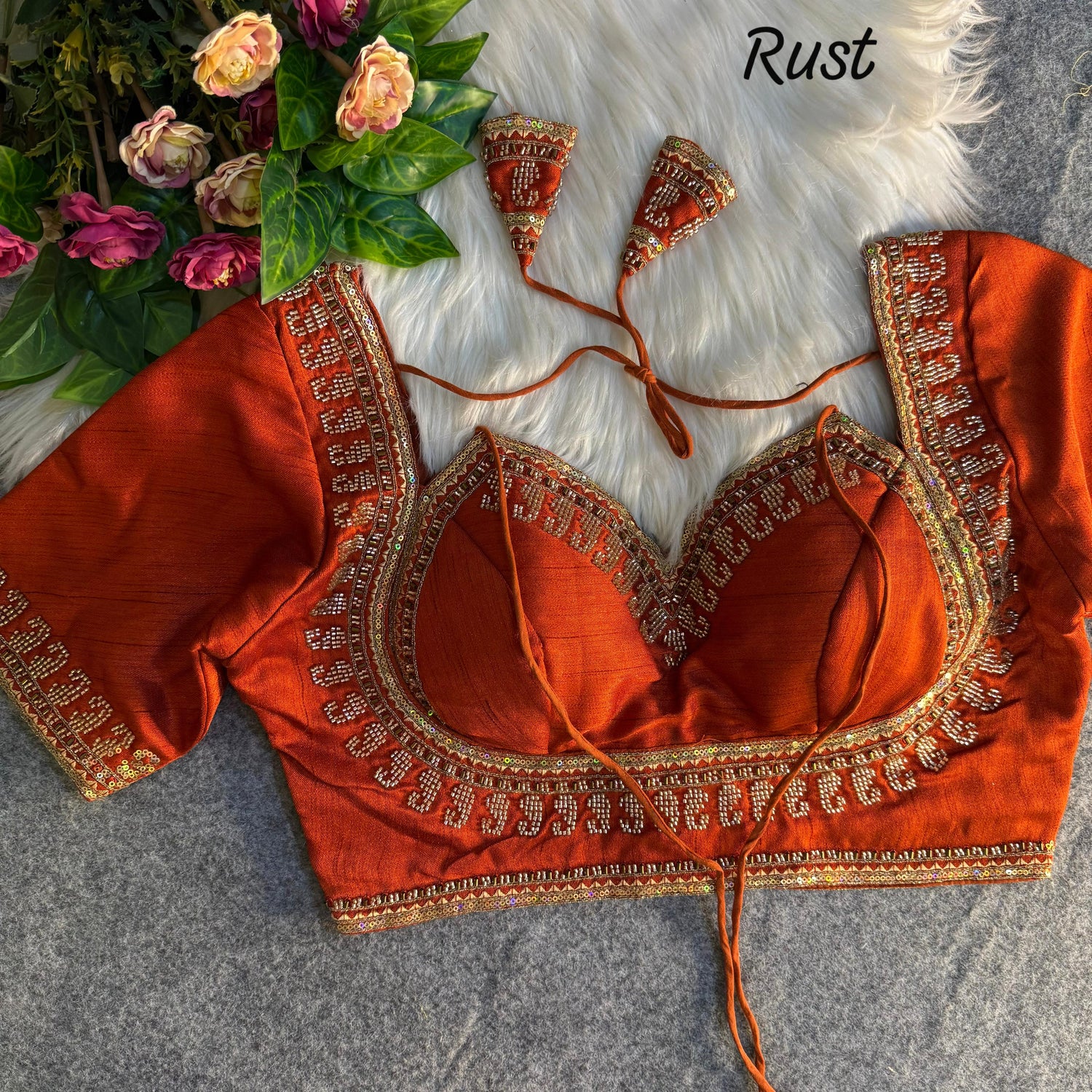 Rust Pure Soft Italian Silk Heavy Jari Sequence &amp; Beads Thread Work Blouse