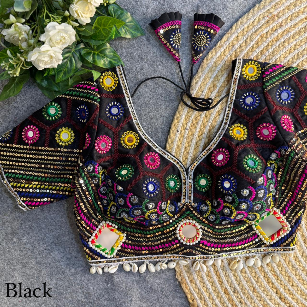 Black Pure Cotton Heavy Thread + Kaudi &amp; Hand Mirror Work Navratri Blouse