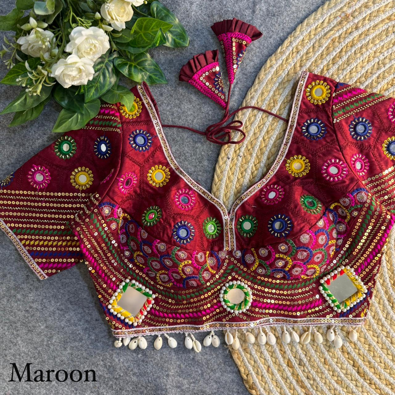 Maroon Pure Cotton Heavy Thread + Kaudi &amp; Hand Mirror Work Navratri Blouse