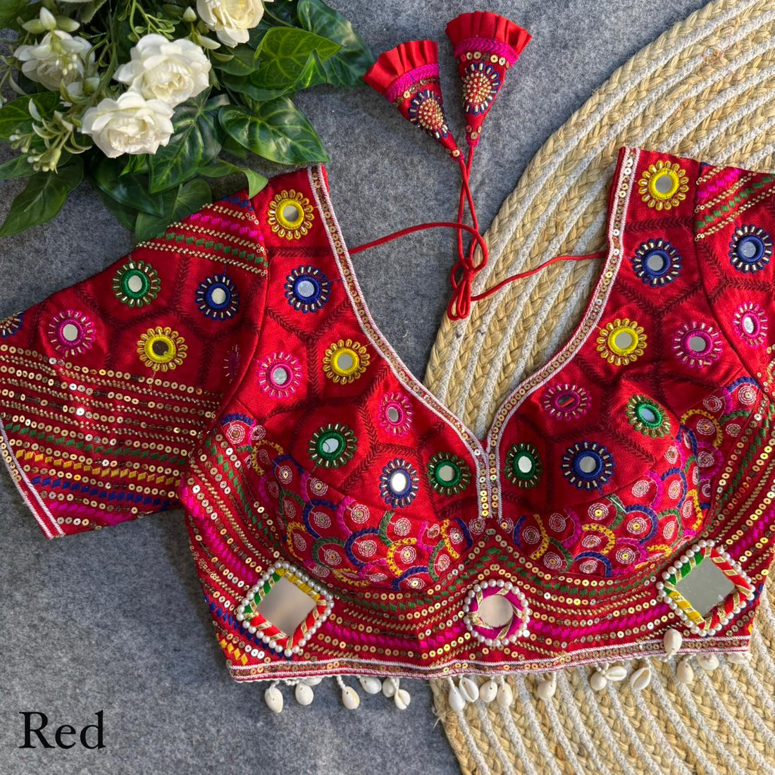 Red Pure Cotton Heavy Thread + Kaudi &amp; Hand Mirror Work Navratri Blouse