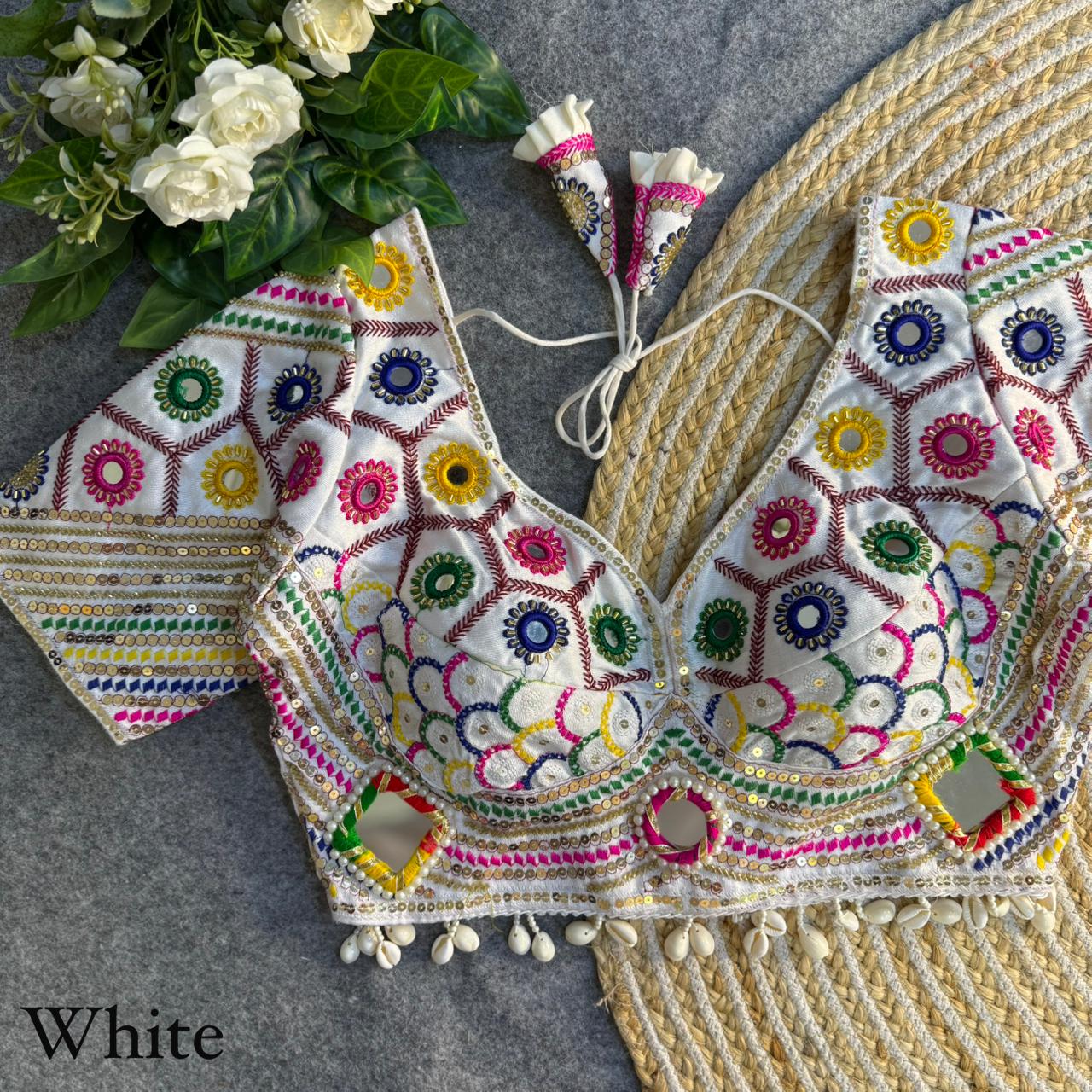 White Pure Cotton Heavy Thread + Kaudi &amp; Hand Mirror Work Navratri Blouse