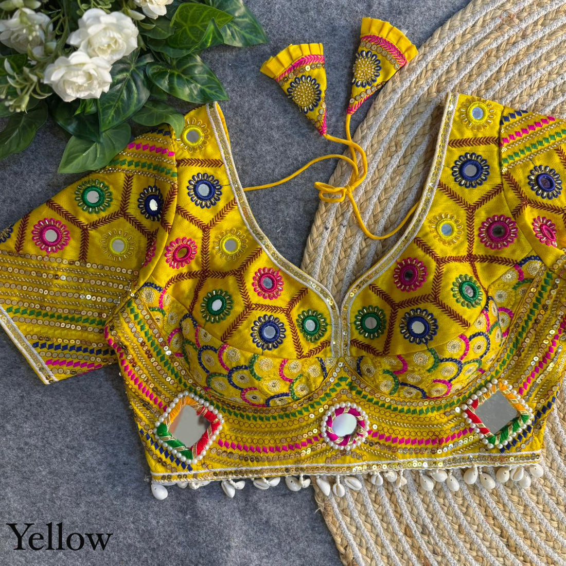 Yellow Pure Cotton Heavy Thread + Kaudi &amp; Hand Mirror Work Navratri Blouse