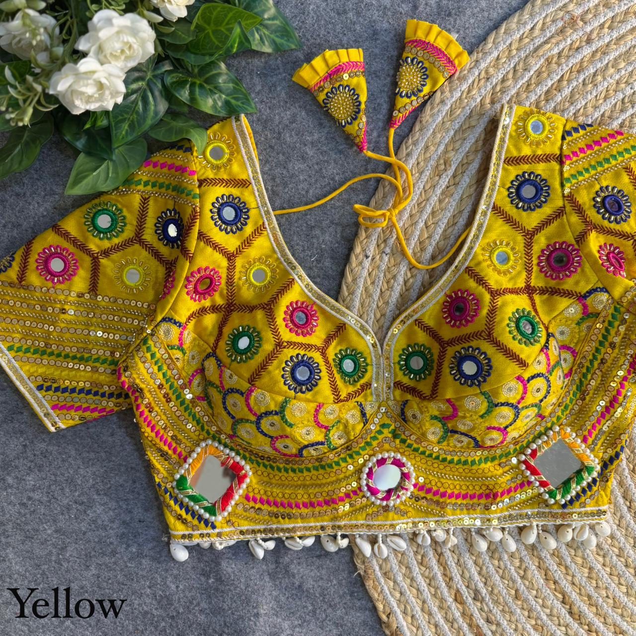 Yellow Pure Cotton Heavy Thread + Kaudi &amp; Hand Mirror Work Navratri Blouse