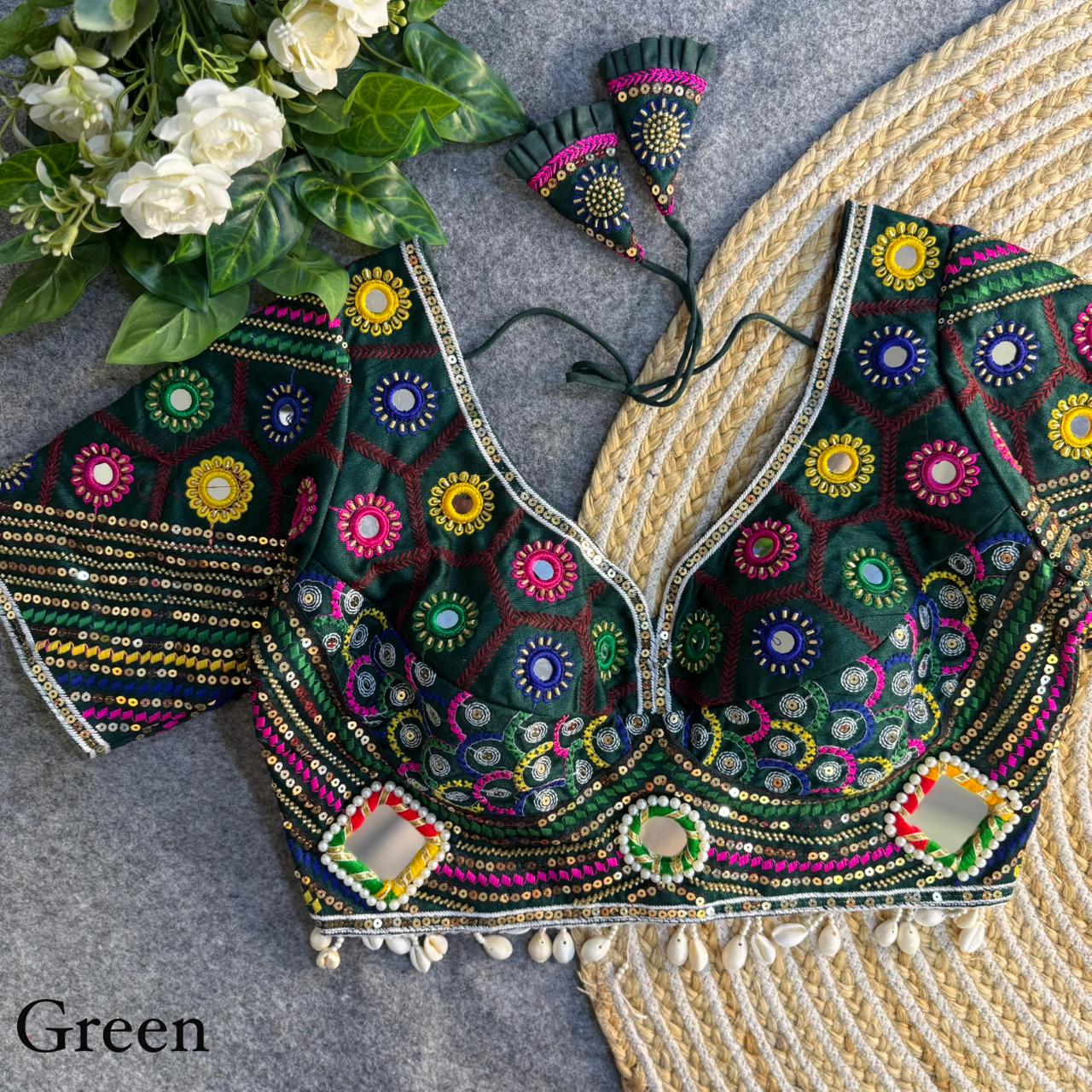 Green Pure Cotton Heavy Thread + Kaudi &amp; Hand Mirror Work Navratri Blouse