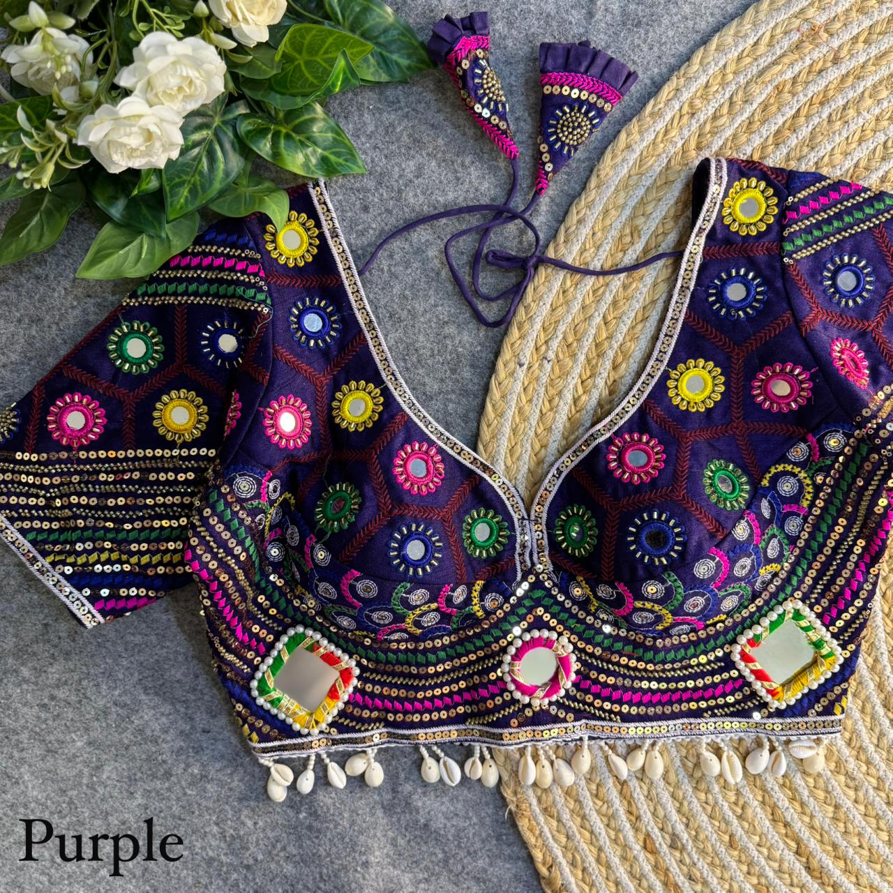 Purple Pure Cotton Heavy Thread + Kaudi &amp; Hand Mirror Work Navratri Blouse