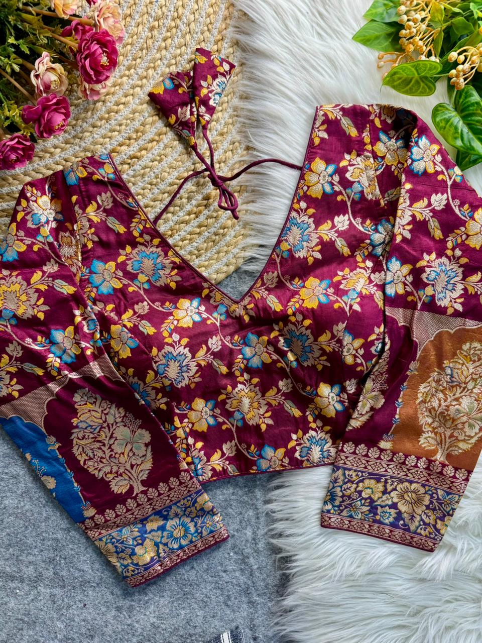 Wine Pure Heavy Pure Soft Dola Silk V Neck Long Sleeves Heavy Banarasi Blouse