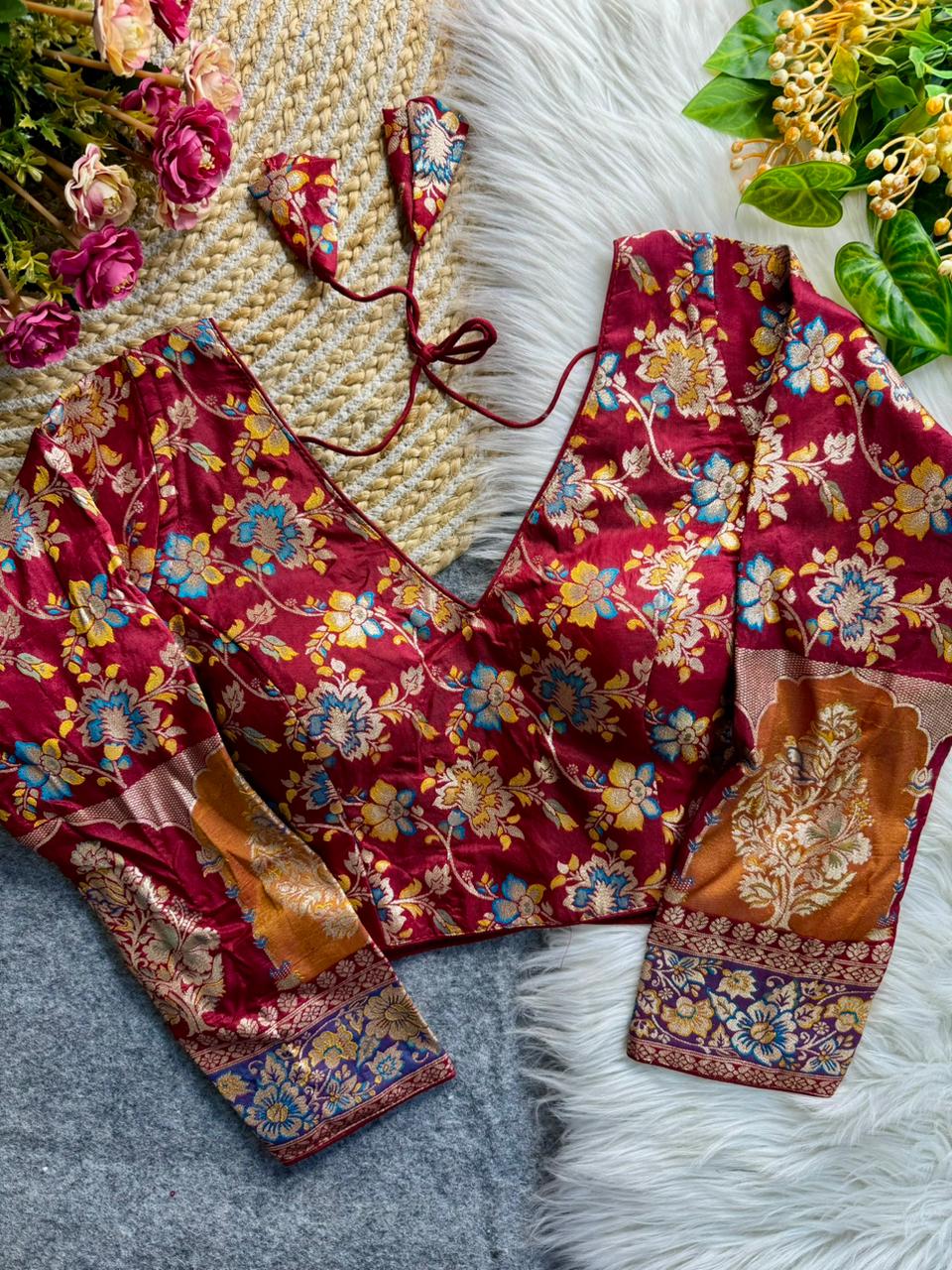 Maroon Pure Heavy Pure Soft Dola Silk V Neck Long Sleeves Heavy Banarasi Blouse