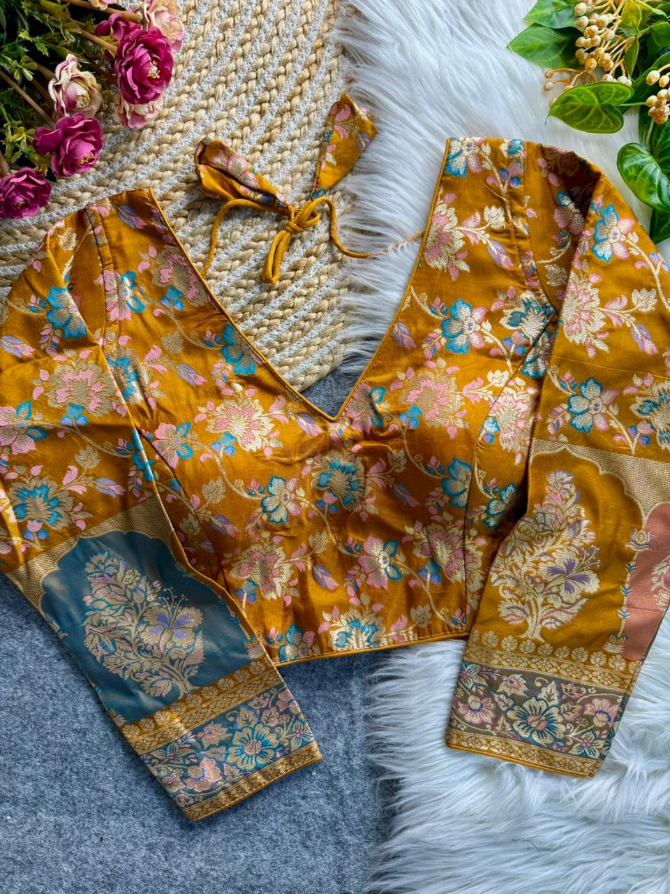 Mustard Pure Heavy Pure Soft Dola Silk V Neck Long Sleeves Heavy Banarasi Blouse