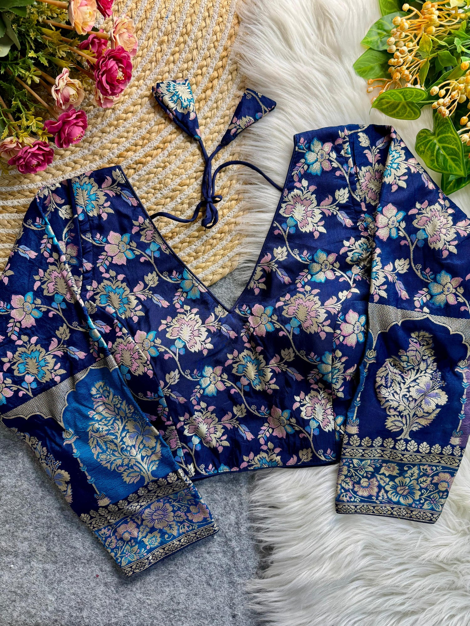 Blue Pure Heavy Pure Soft Dola Silk V Neck Long Sleeves Heavy Banarasi Blouse