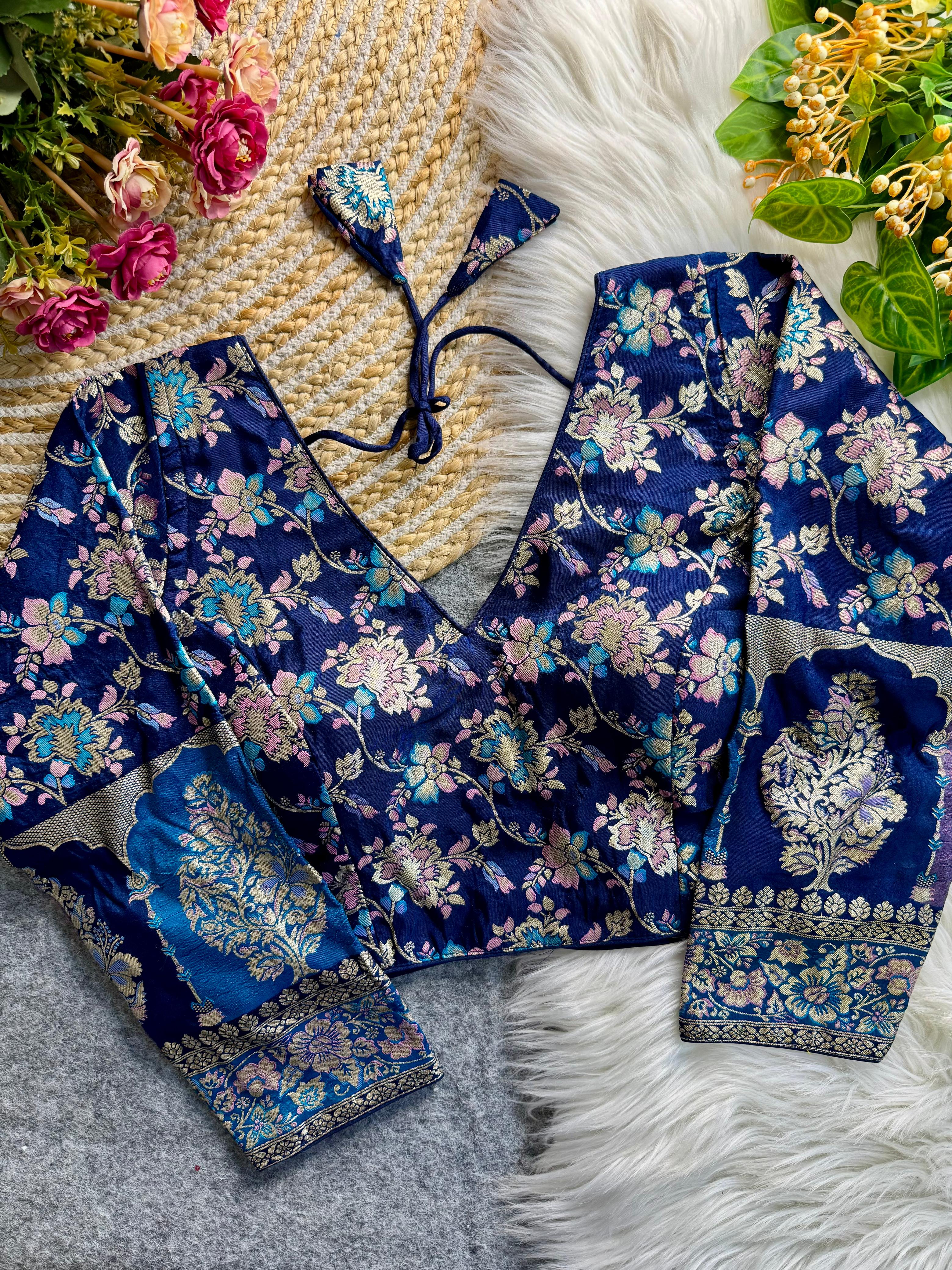 Blue Pure Heavy Pure Soft Dola Silk V Neck Long Sleeves Heavy Banarasi Blouse