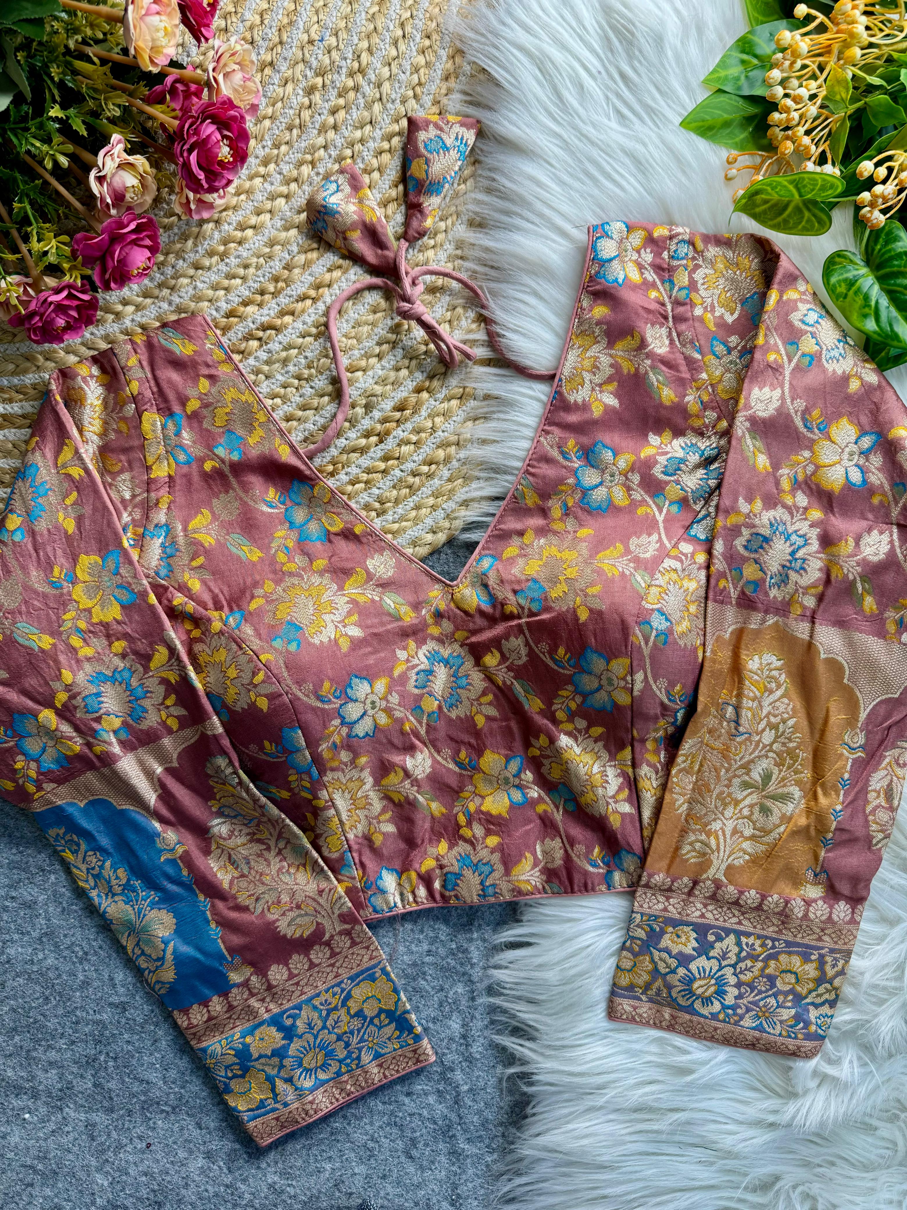 Peach Pure Heavy Pure Soft Dola Silk V Neck Long Sleeves Heavy Banarasi Blouse