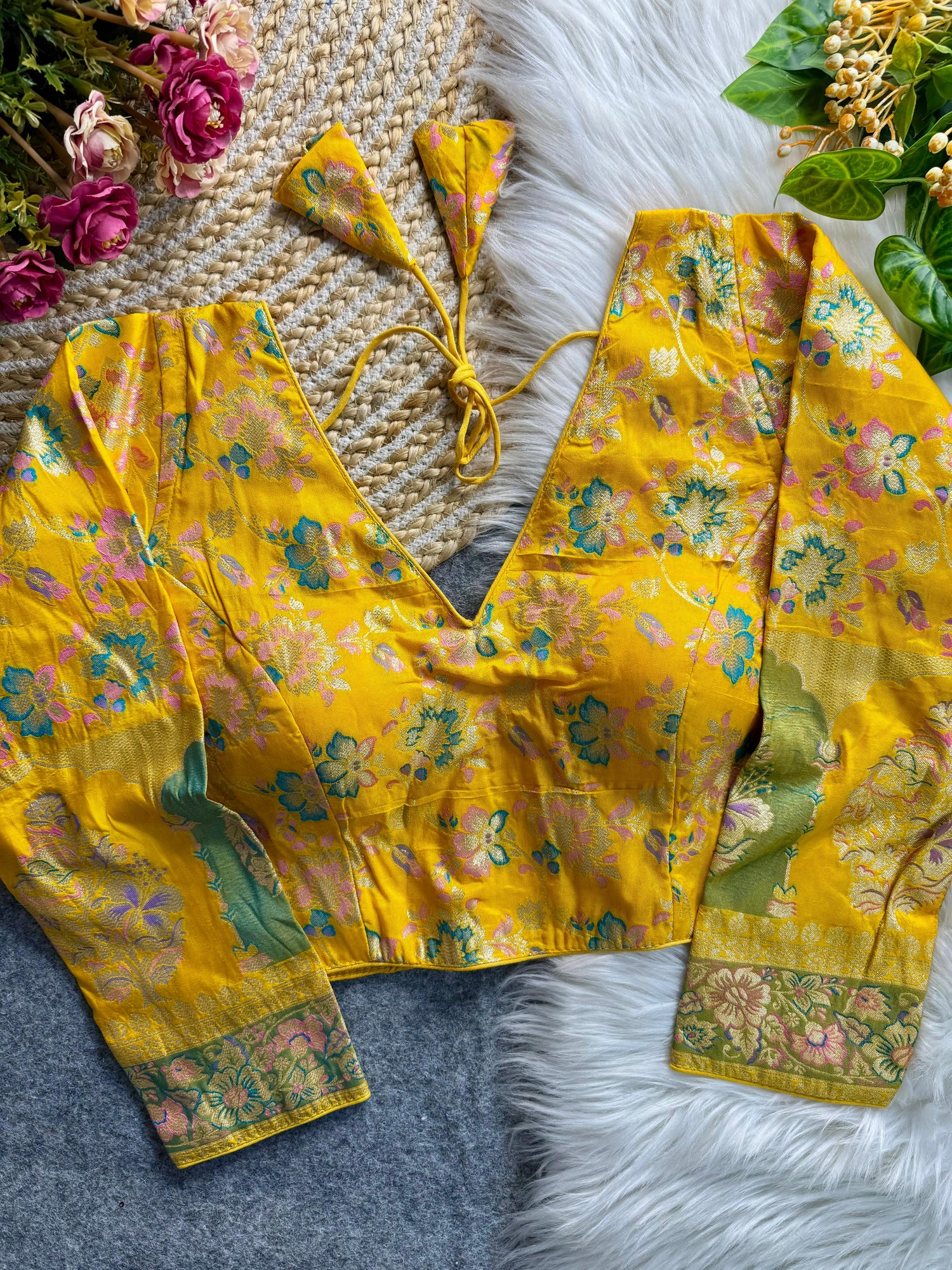 Yellow Pure Heavy Pure Soft Dola Silk V Neck Long Sleeves Heavy Banarasi Blouse