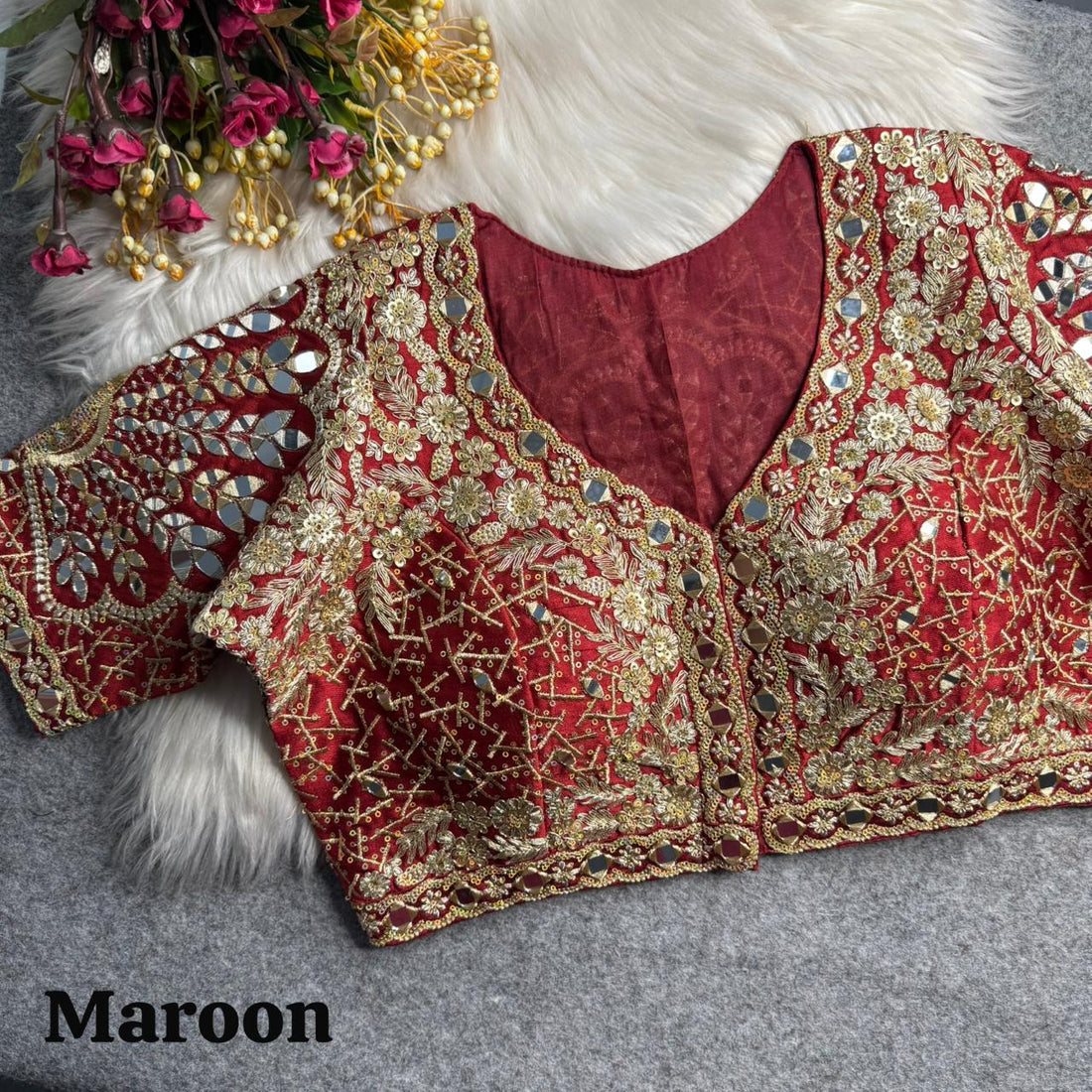 Maroon Pure Heavy Jari Sequence Peacock Real Mirror Work Bridal Blouse