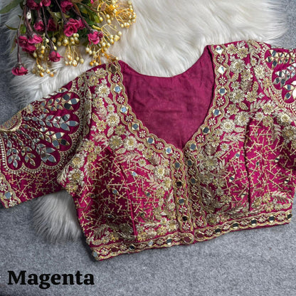 Magenta Pure Heavy Jari Sequence Peacock Real Mirror Work Bridal Blouse