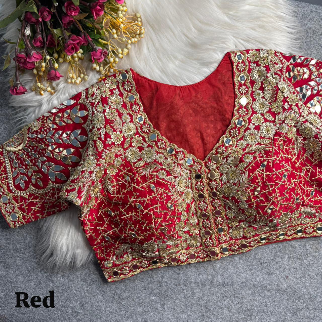 Red Pure Heavy Jari Sequence Peacock Real Mirror Work Bridal Blouse