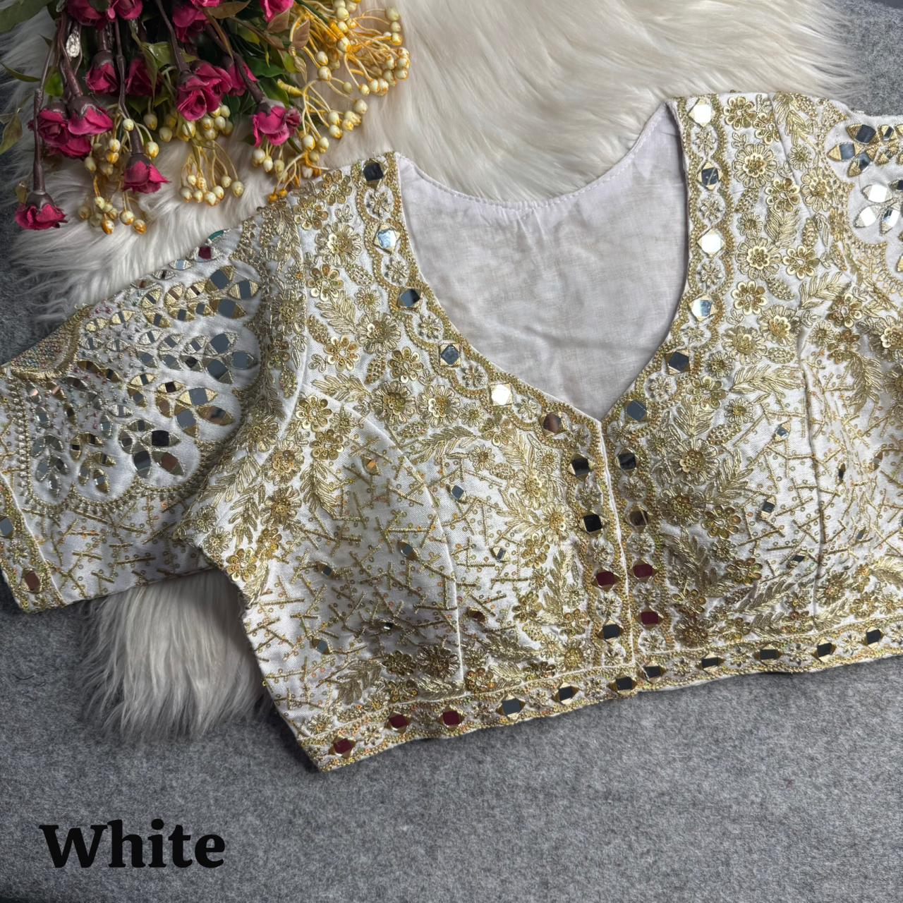 White Pure Heavy Jari Sequence Peacock Real Mirror Work Bridal Blouse