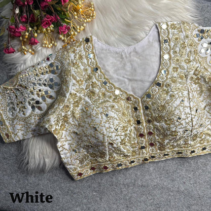 White Pure Heavy Jari Sequence Peacock Real Mirror Work Bridal Blouse