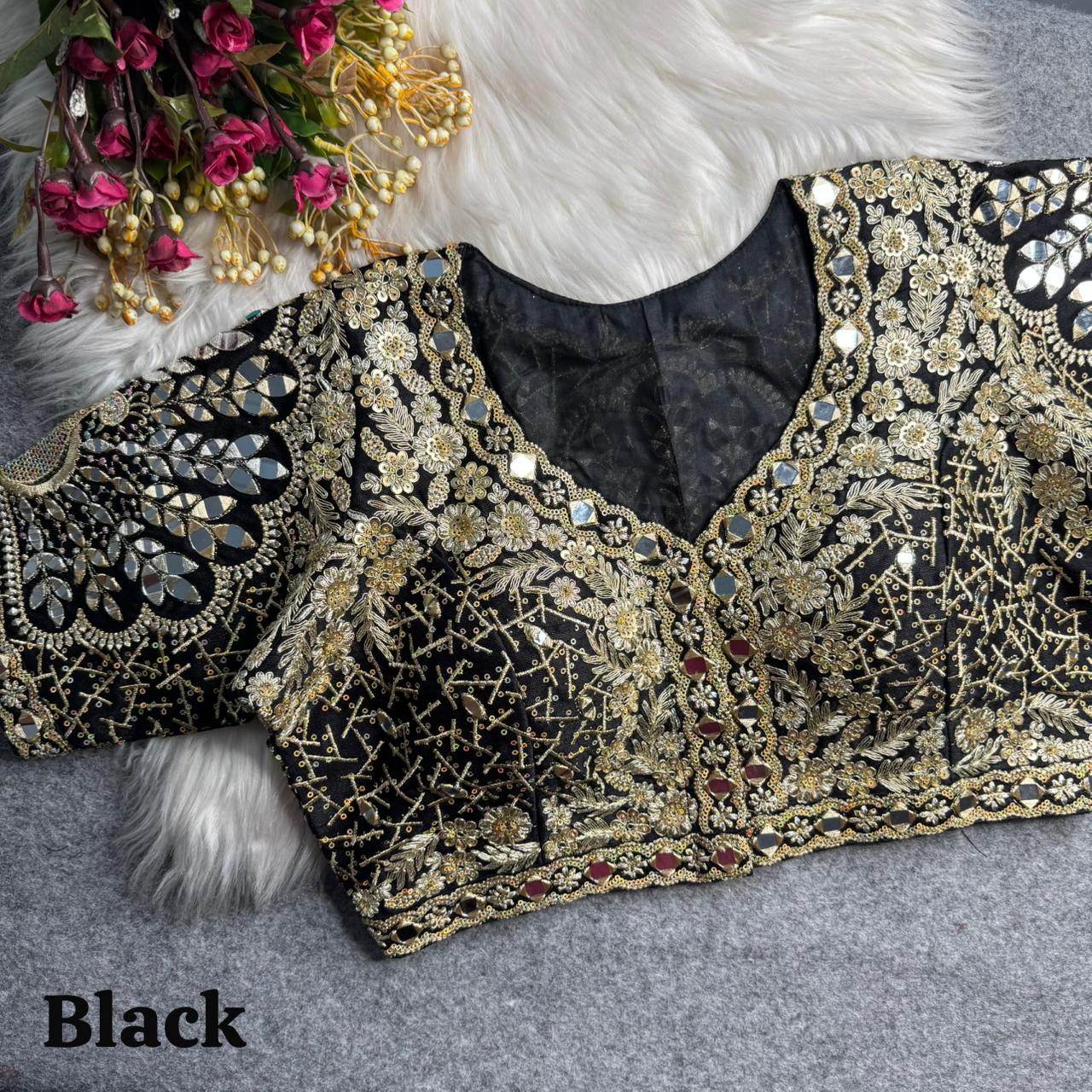 Black Pure Heavy Jari Sequence Peacock Real Mirror Work Bridal Blouse