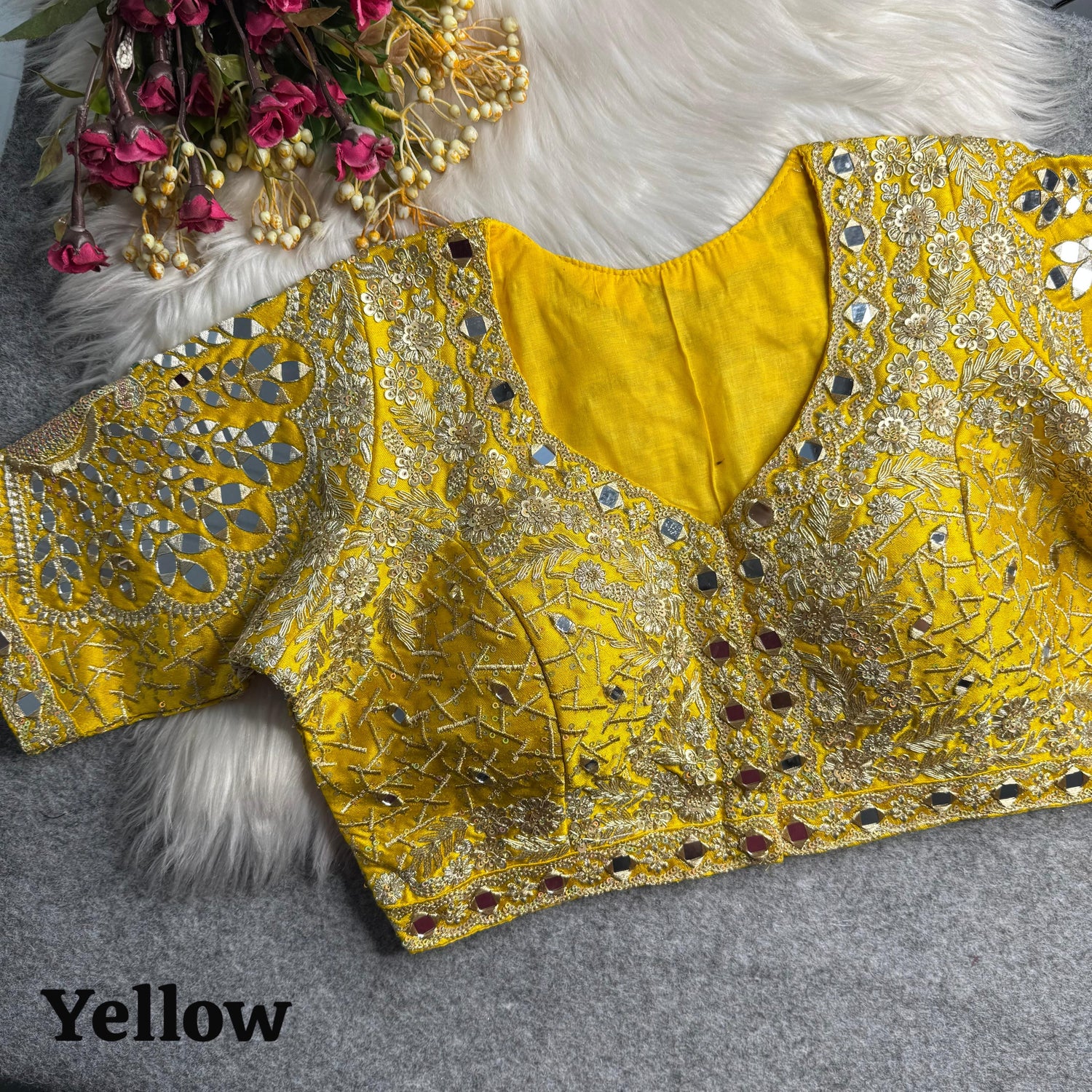 Yellow Pure Heavy Jari Sequence Peacock Real Mirror Work Bridal Blouse