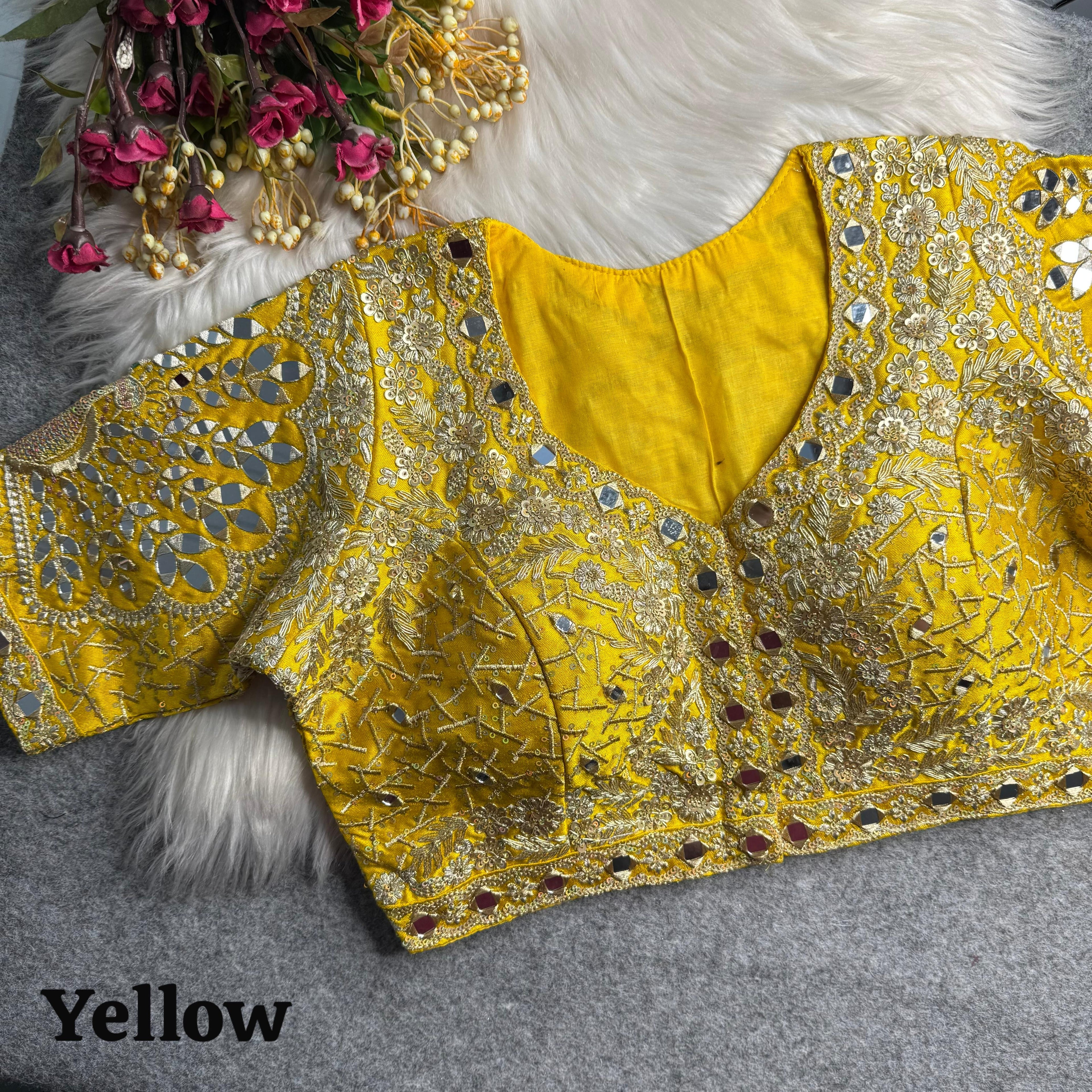 Yellow Pure Heavy Jari Sequence Peacock Real Mirror Work Bridal Blouse