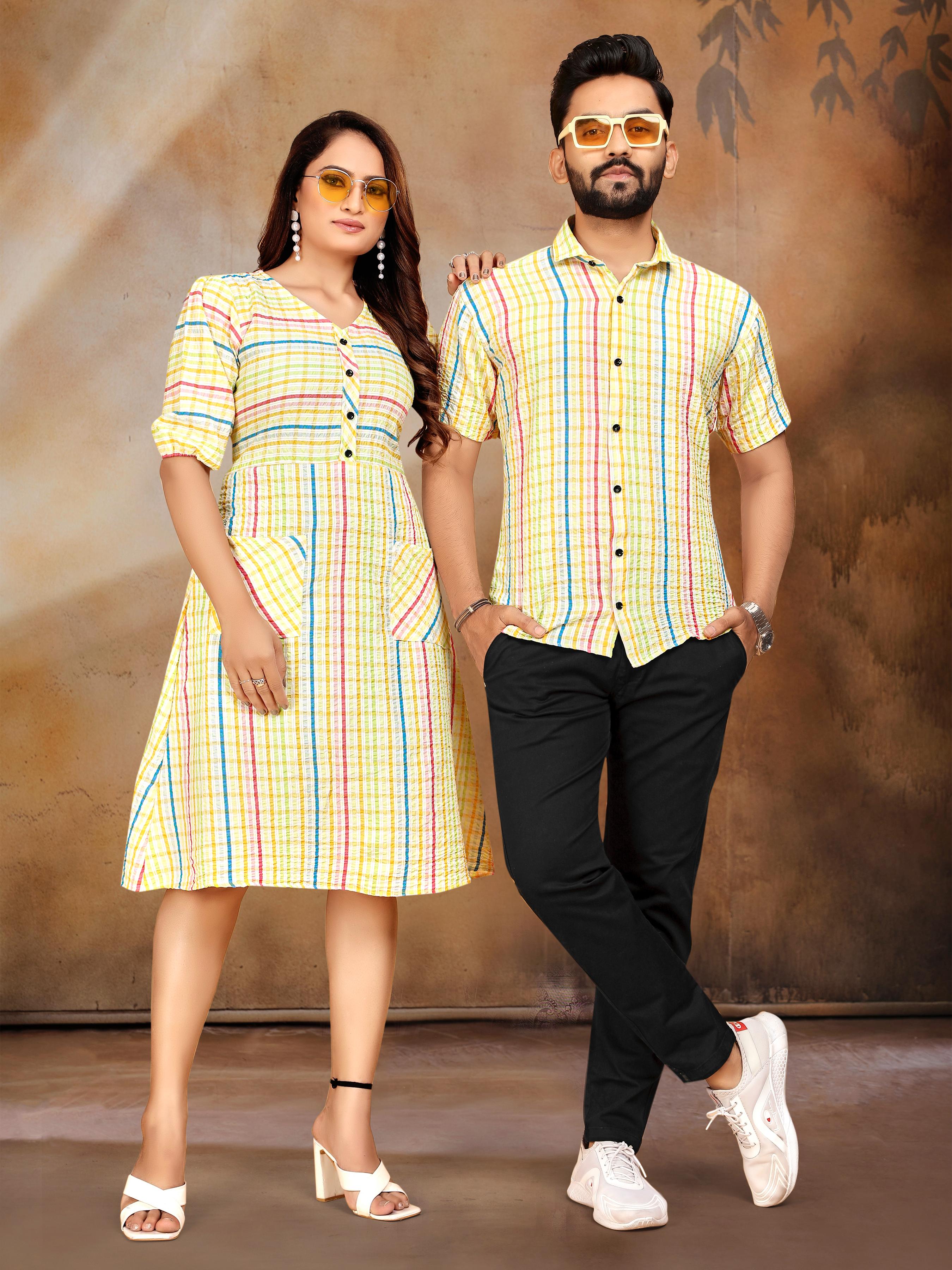 Yellow Pure Soft Cotton Printed Shirt &amp; Tunic Matching Both Couple Combo