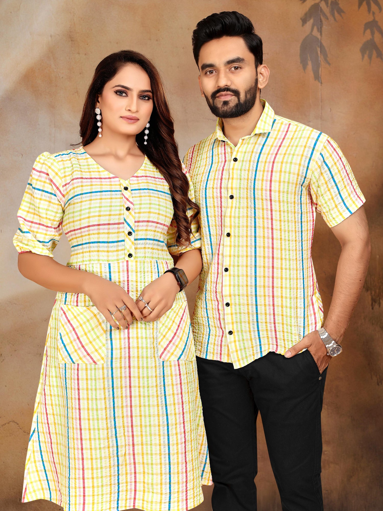 Yellow Pure Soft Cotton Printed Shirt &amp; Tunic Matching Both Couple Combo