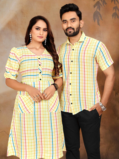 Yellow Pure Soft Cotton Printed Shirt &amp; Tunic Matching Both Couple Combo