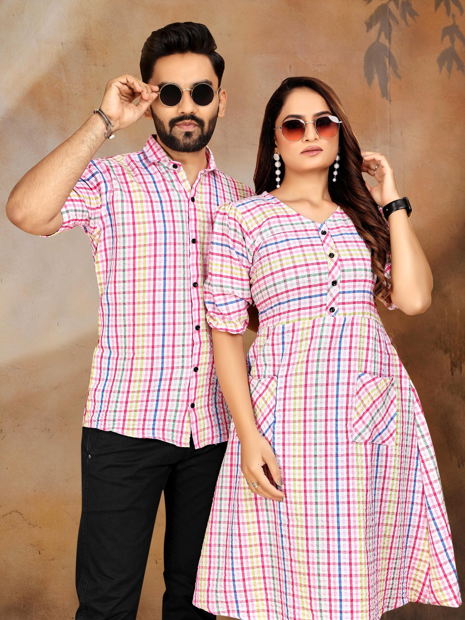 Pink Pure Soft Cotton Printed Shirt &amp; Tunic Matching Both Couple Combo