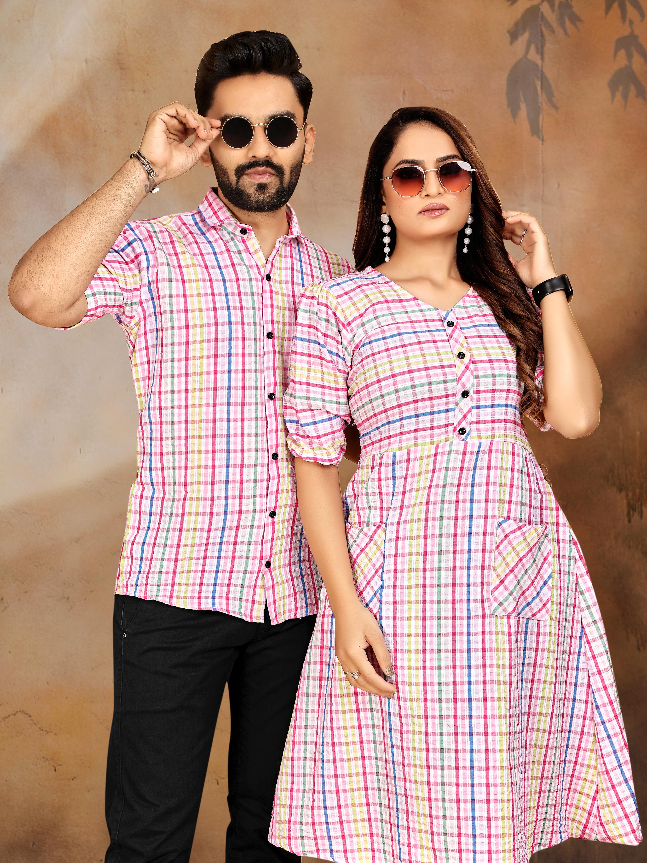 Pink Pure Soft Cotton Printed Shirt &amp; Tunic Matching Both Couple Combo