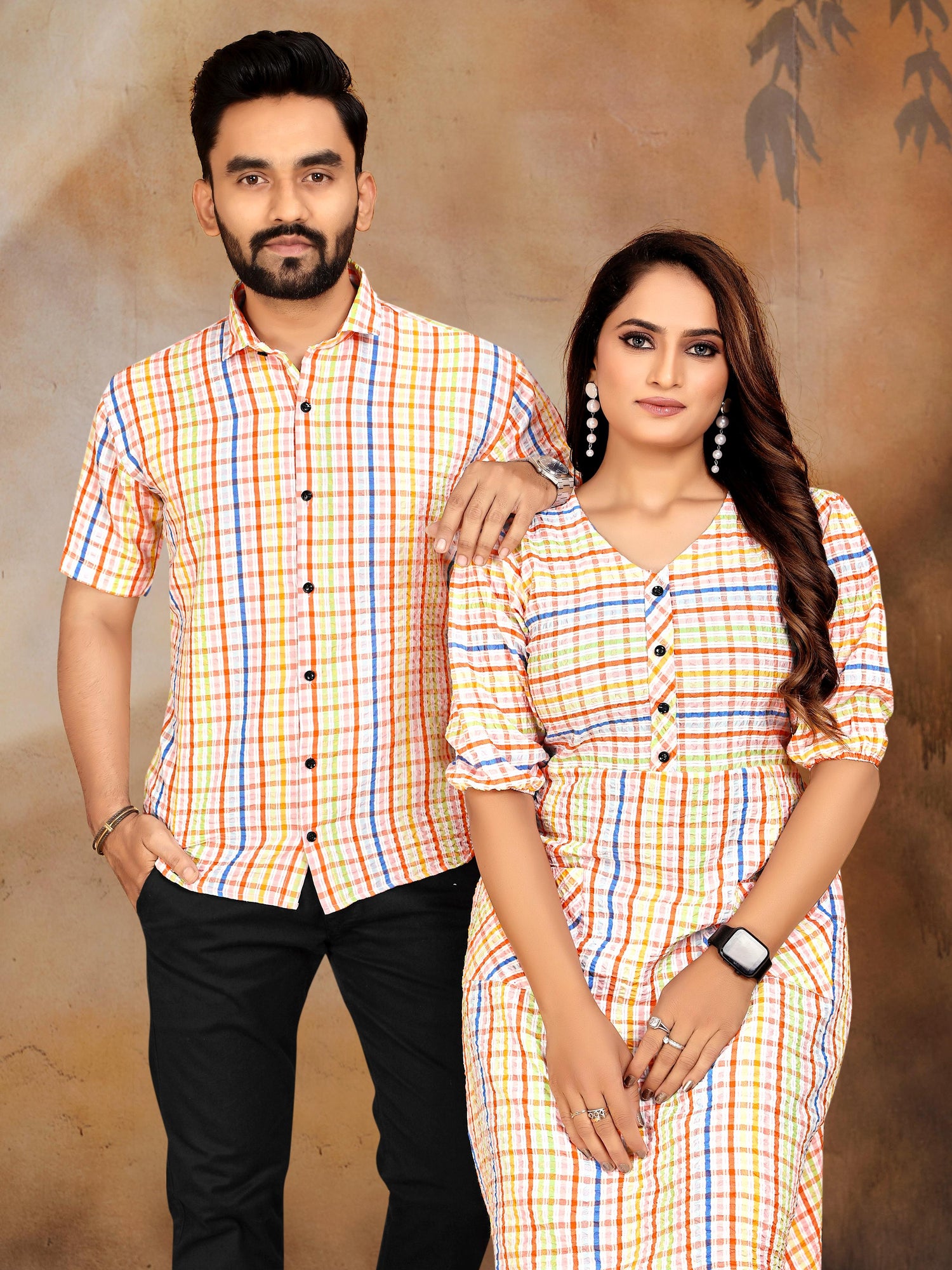 Peach Pure Soft Cotton Printed Shirt &amp; Tunic Matching Both Couple Combo