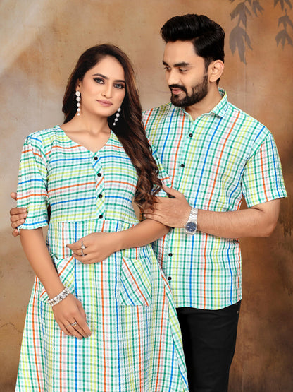 Green Pure Soft Cotton Printed Shirt &amp; Tunic Matching Both Couple Combo