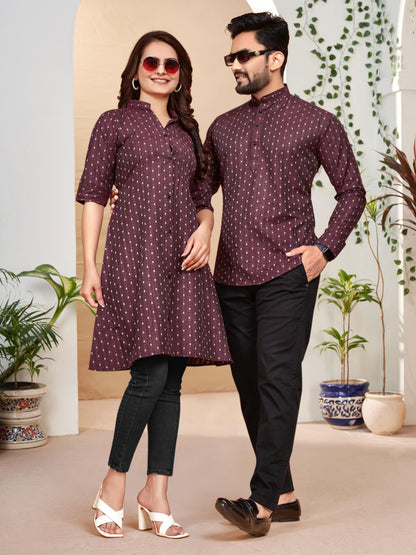 Maroon Pure Soft Cotton Printed Shirt &amp; Tunic Matching Both Couple Combo