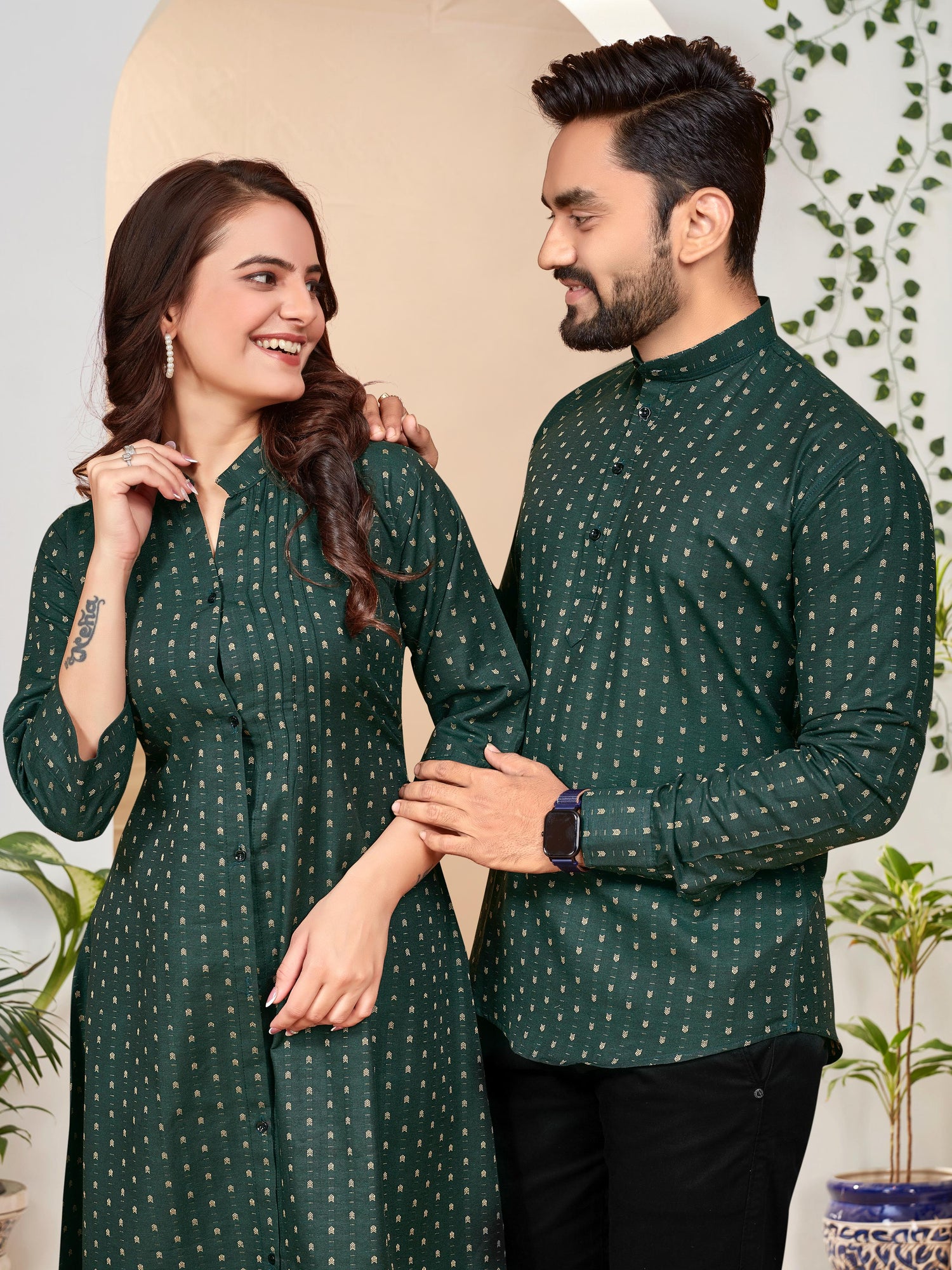 Green Pure Soft Cotton Printed Shirt &amp; Tunic Matching Both Couple Combo